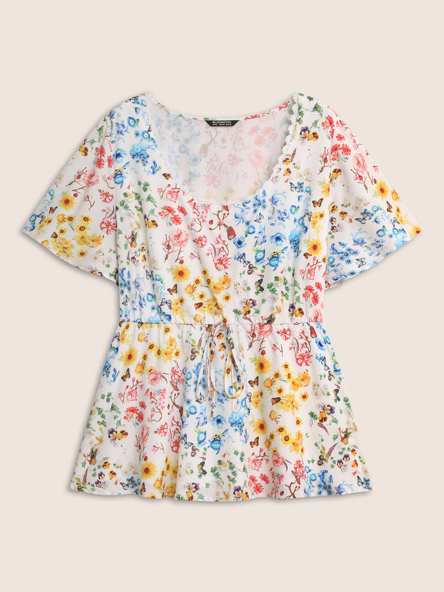 Plus Size Multicolor Patchwork Floral Lace Panel Tie Knot Blouse Women Elegant Short sleeve U-neck Everyday Blouses BloomChic 12/L 