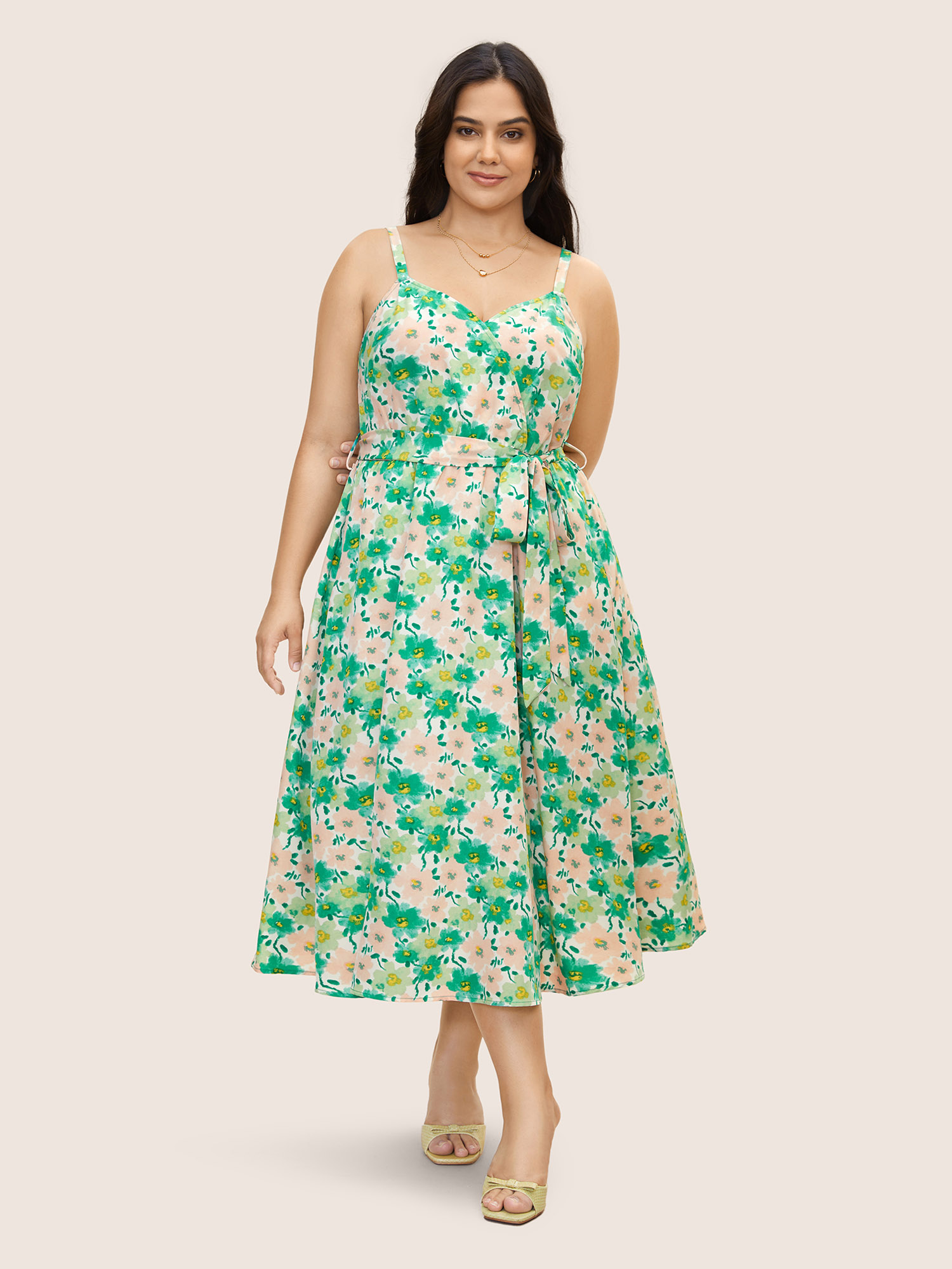 Plus Size Floral Surplice Neck Belted Midi Dress Applegreen Women Belted Non Sleeveless Curvy BloomChic 10/M 