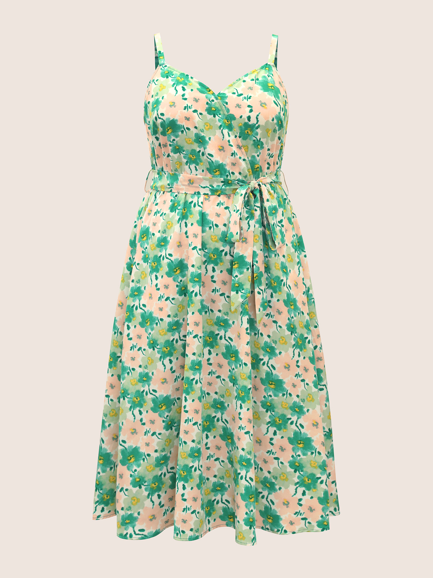 

Plus Size Floral Surplice Neck Belted Midi Dress Applegreen Women Belted Non Sleeveless Curvy BloomChic