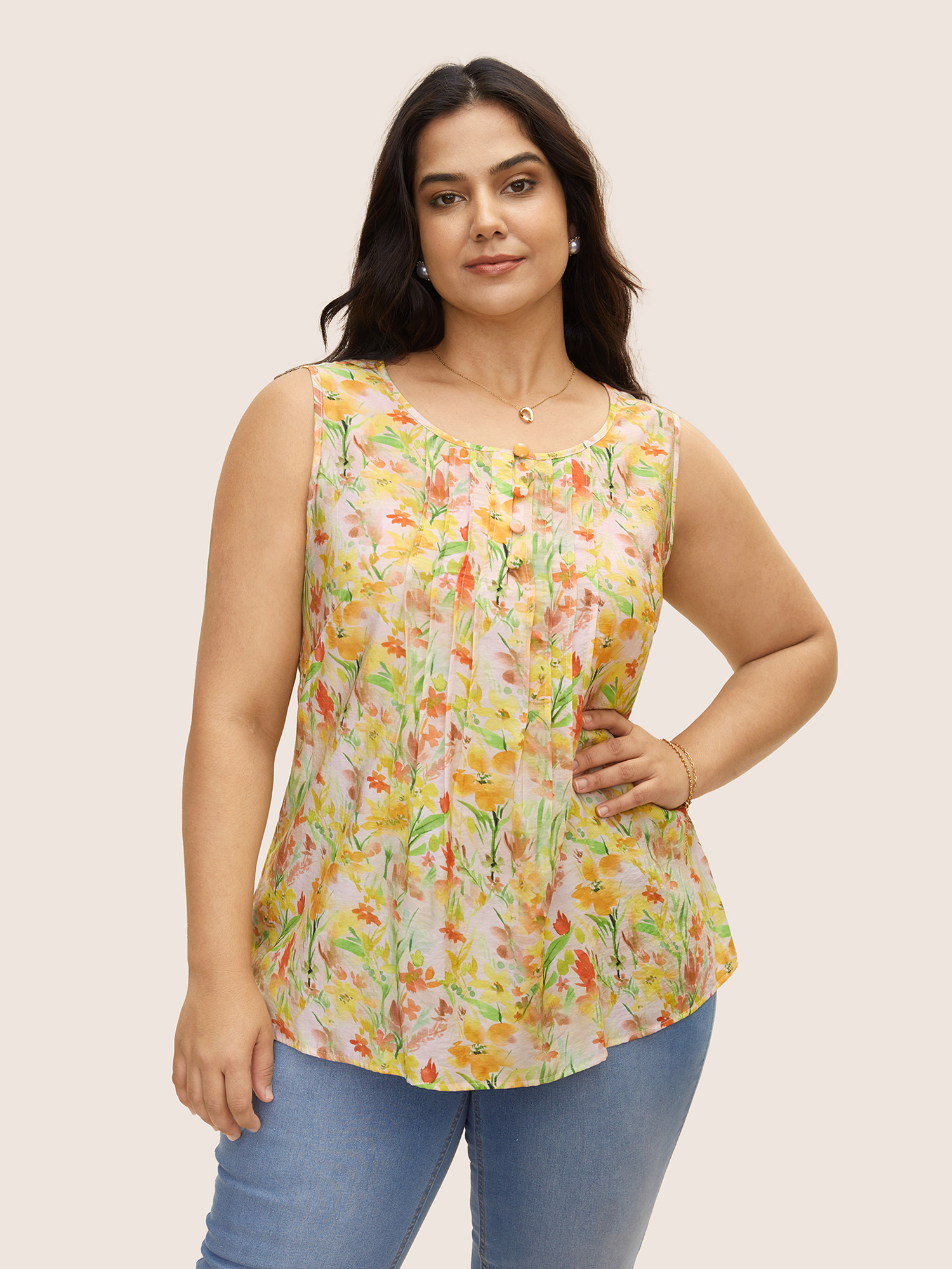 

Plus Size Floral Pleated Button Detail Tank Top Women Multicolor Elegant Contrast Round Neck Everyday Tank Tops Camis BloomChic