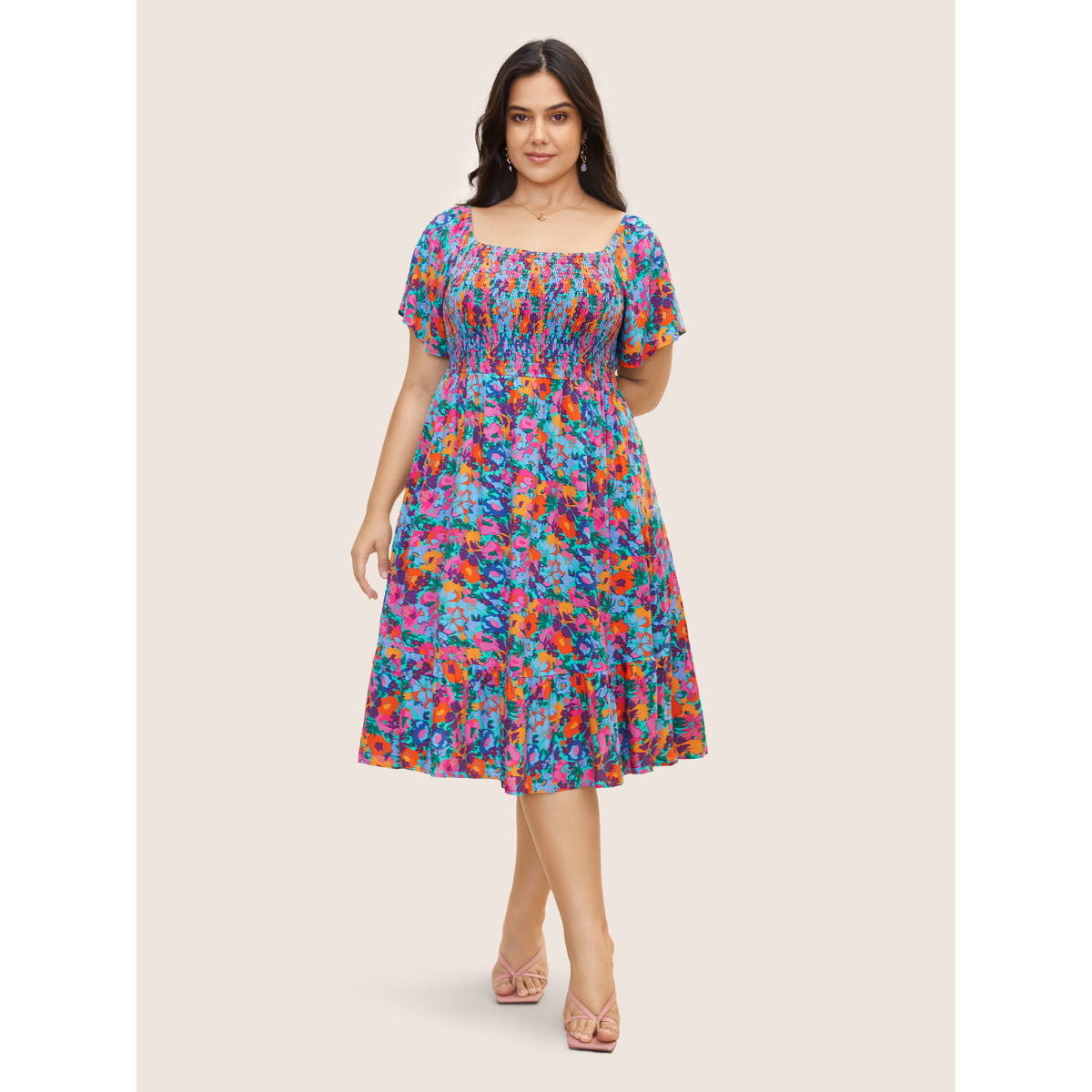 

Plus Size Colored Floral Elastic Waist Shirred Midi Dress Multicolor Women Shirred Square Neck Short sleeve Curvy BloomChic