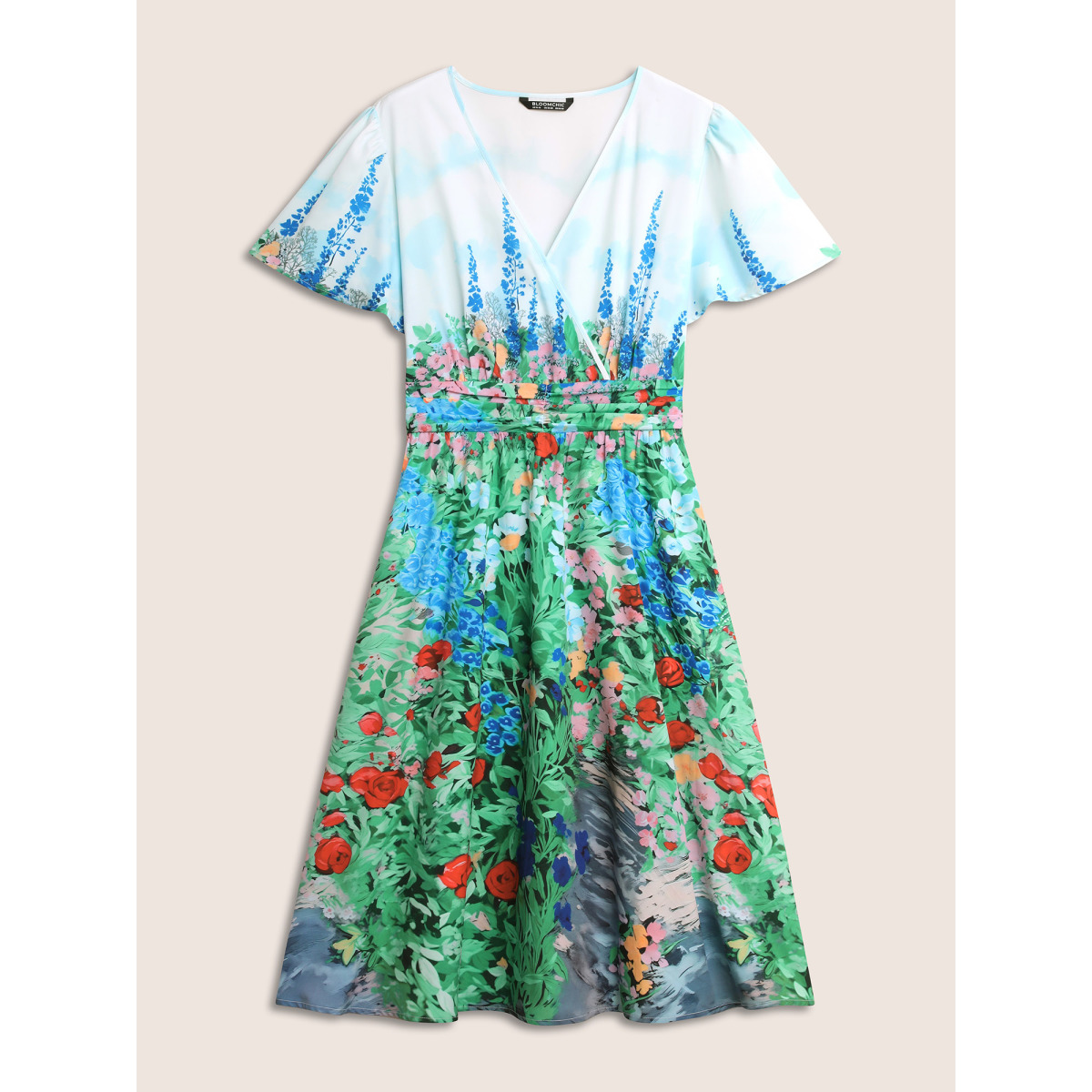 

Plus Size Surplice Neck Floral Ruched Midi Dress Multicolor Women Gathered Overlap Collar Short sleeve Curvy BloomChic