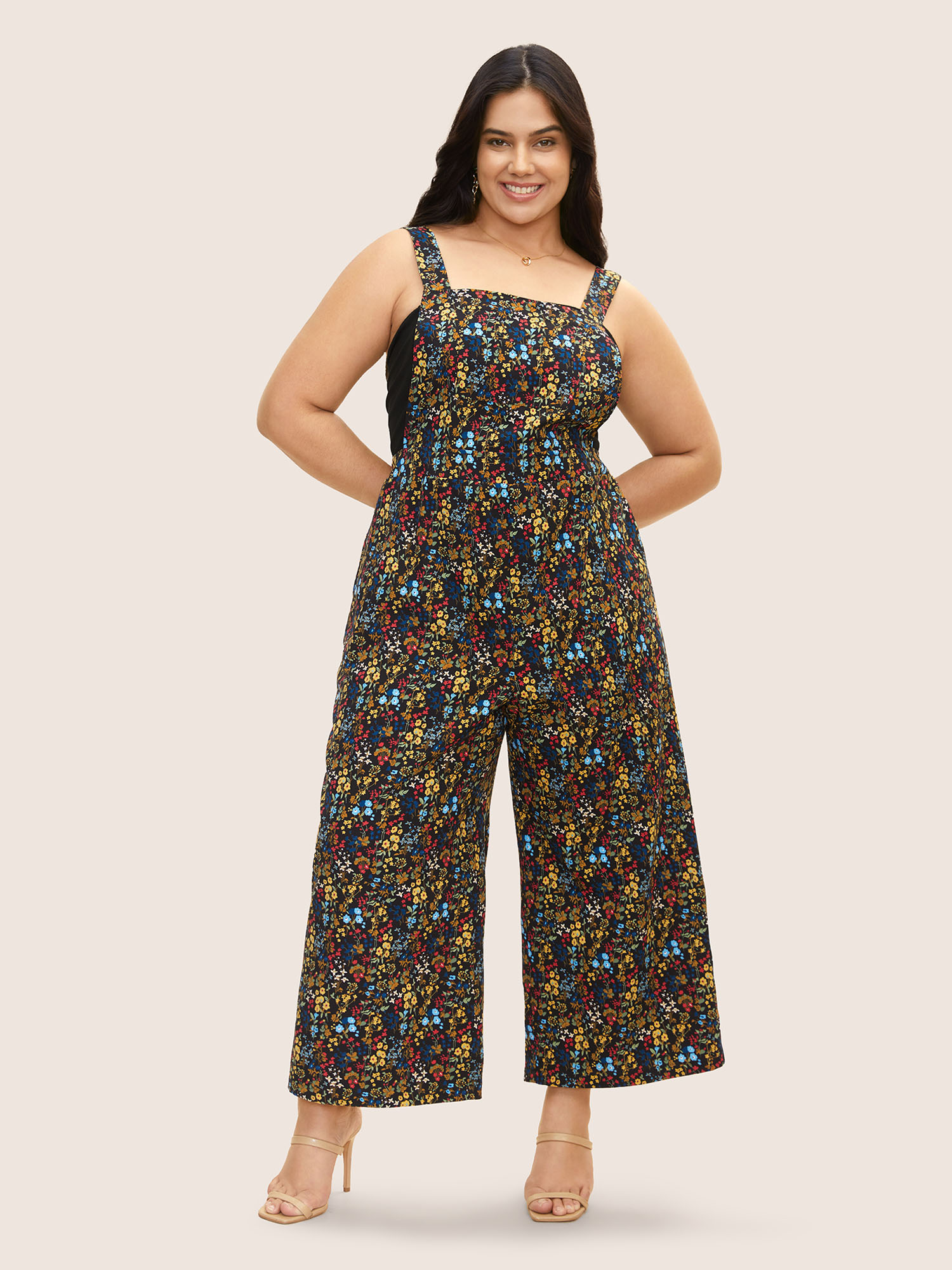 

Plus Size Black Square Neck Ditsy Floral Elastic Waist Jumpsuit Women Elegant Sleeveless Square Neck Everyday Loose Jumpsuits BloomChic