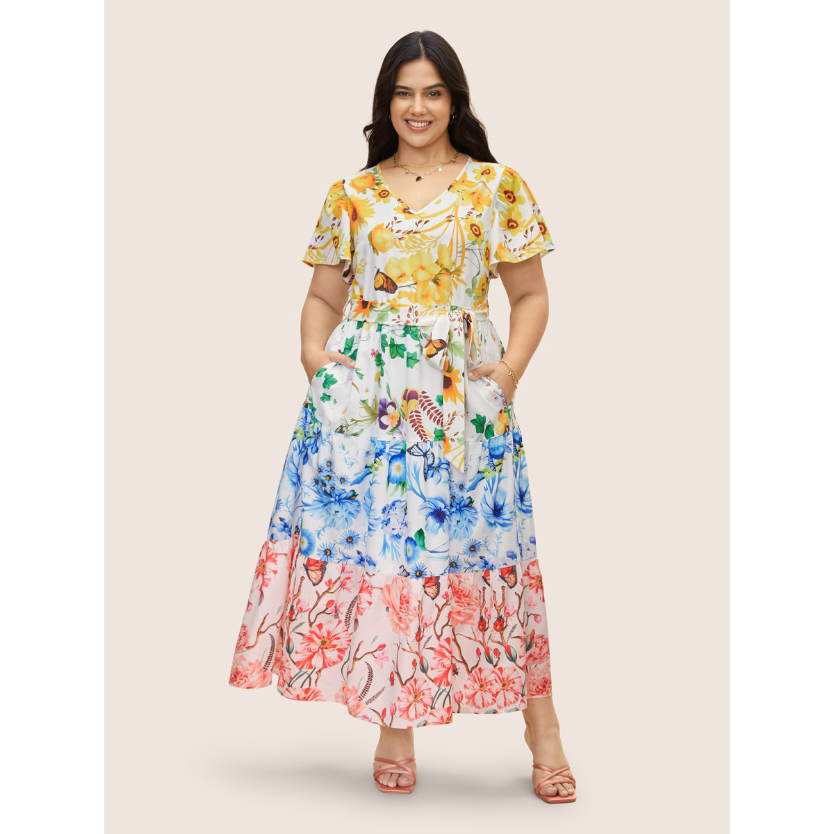 

Plus Size Floral & Butterfly Contrast Ruffle Layered Hem Dress Multicolor Women Belted V-neck Short sleeve Curvy BloomChic