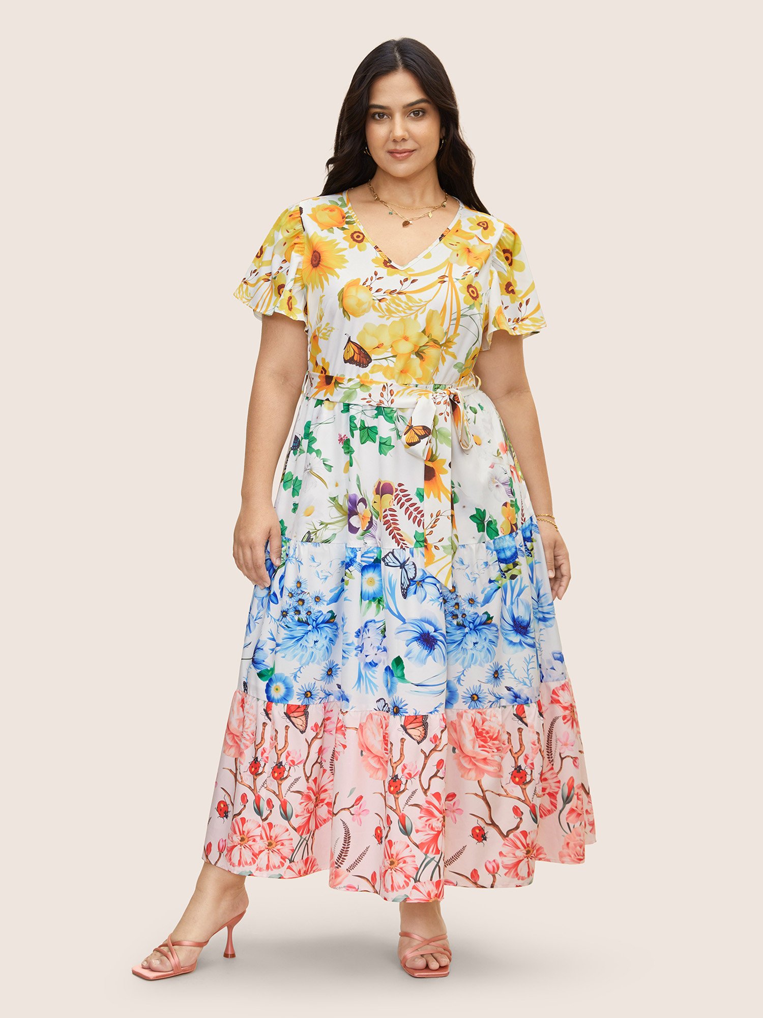 

Plus Size Floral & Butterfly Contrast Ruffle Layered Hem Dress Multicolor Women Belted V-neck Short sleeve Curvy BloomChic