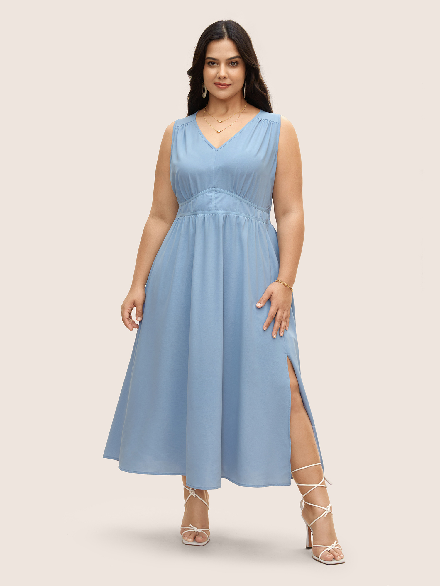 

Plus Size Solid Gathered Split Side Tank Maxi Dress LightBlue Women Elegant Gathered V-neck Sleeveless Curvy BloomChic