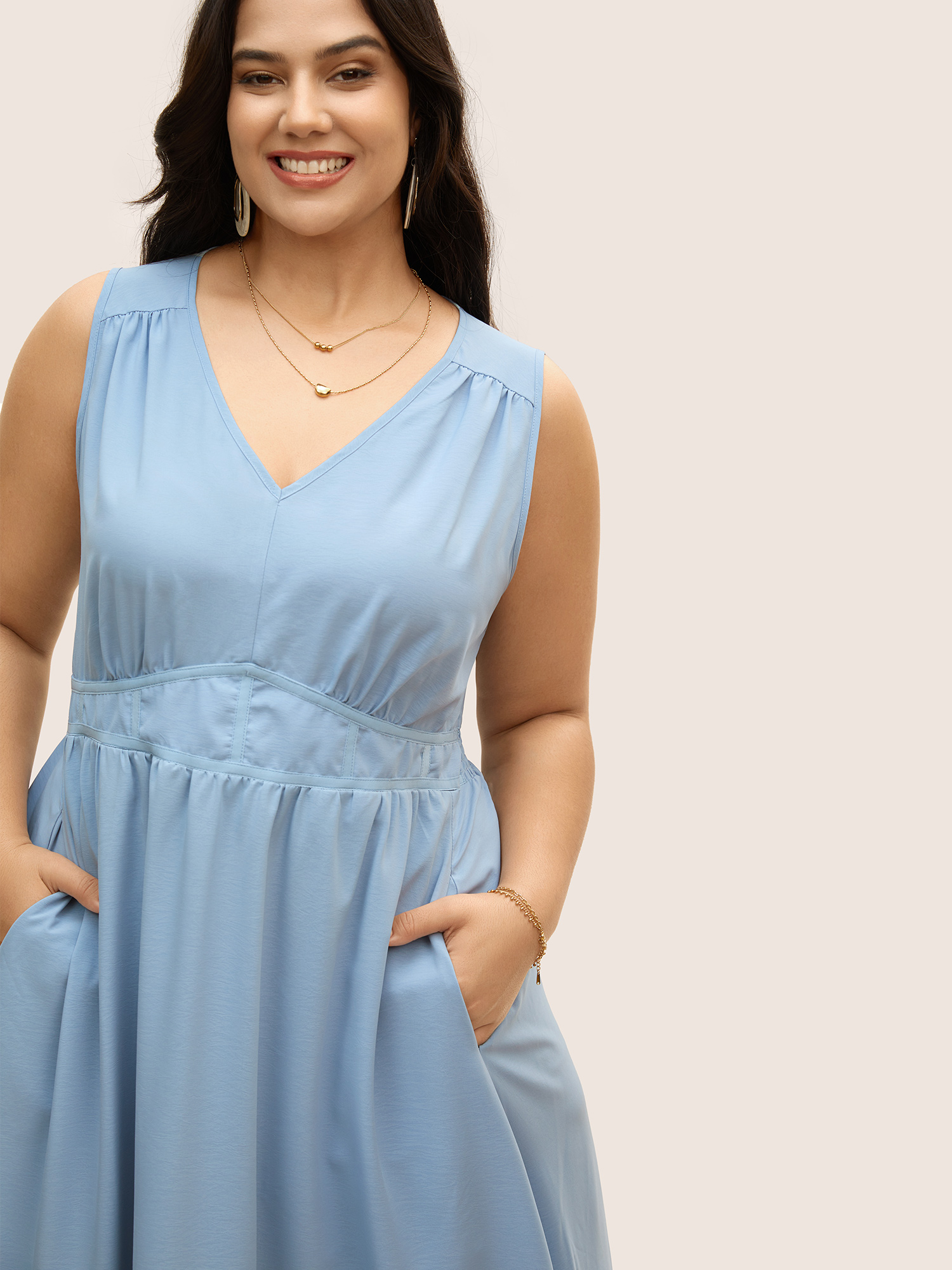 Plus Size Solid Gathered Split Side Tank Maxi Dress LightBlue Women Elegant Gathered V-neck Sleeveless Curvy BloomChic 26/4X 