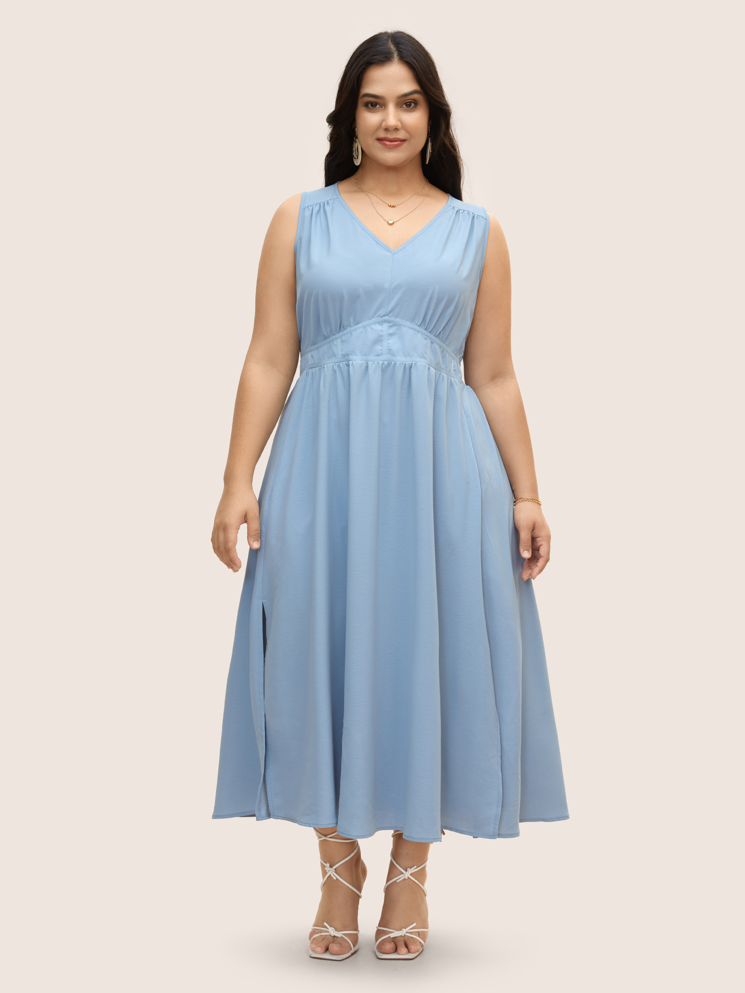 Plus Size Solid Gathered Split Side Tank Maxi Dress LightBlue Women Elegant Gathered V-neck Sleeveless Curvy BloomChic 26/4X 