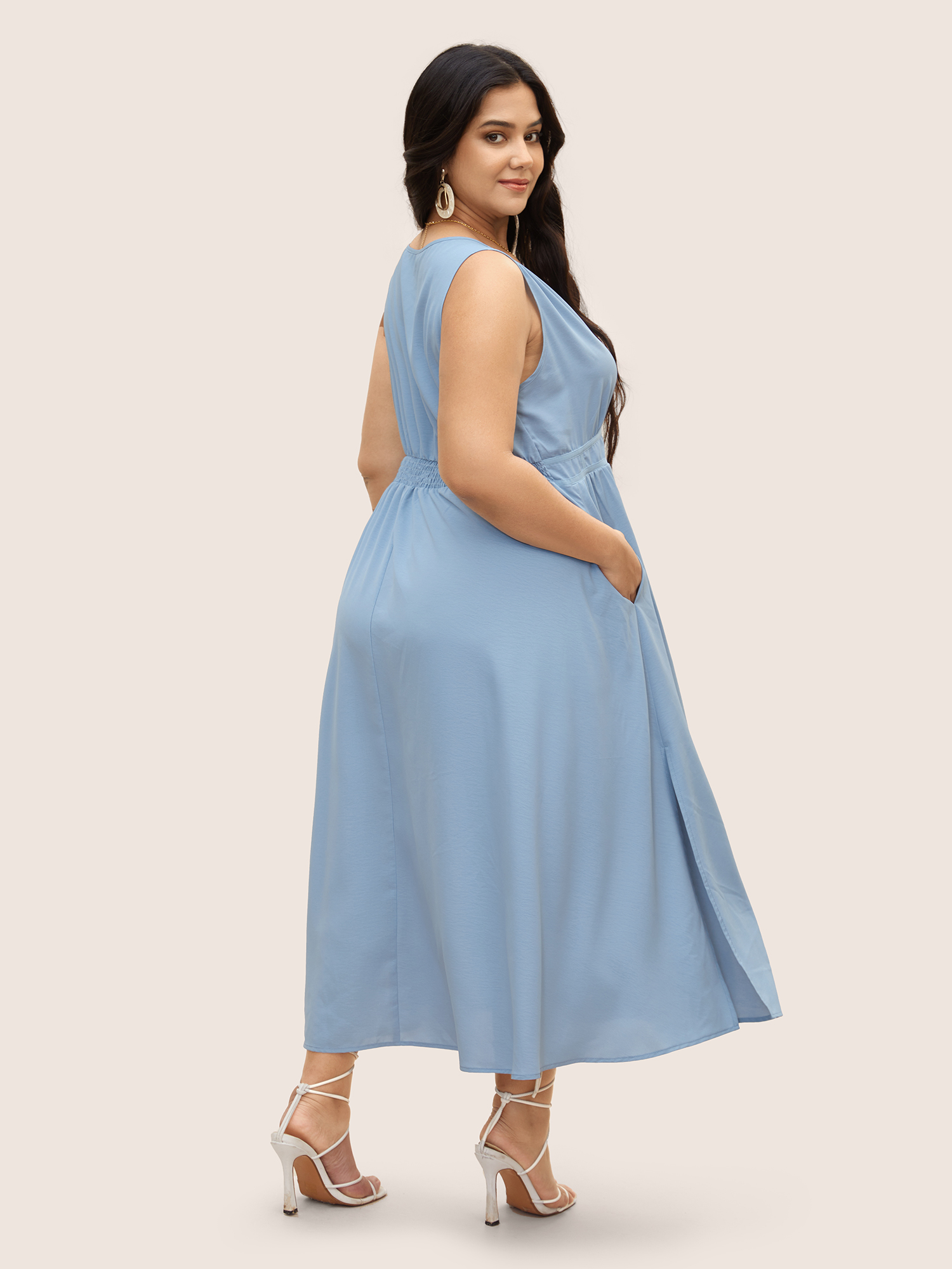 Plus Size Solid Gathered Split Side Tank Maxi Dress LightBlue Women Elegant Gathered V-neck Sleeveless Curvy BloomChic 26/4X 