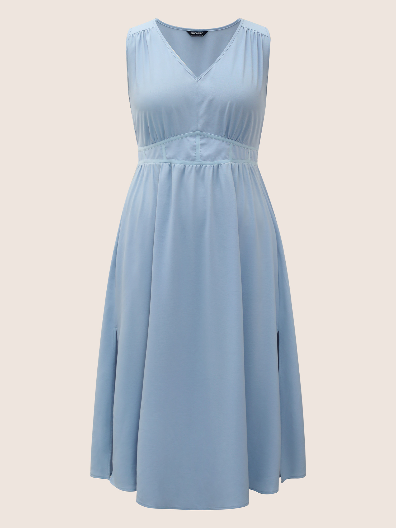 Plus Size Solid Gathered Split Side Tank Maxi Dress LightBlue Women Elegant Gathered V-neck Sleeveless Curvy BloomChic 26/4X 