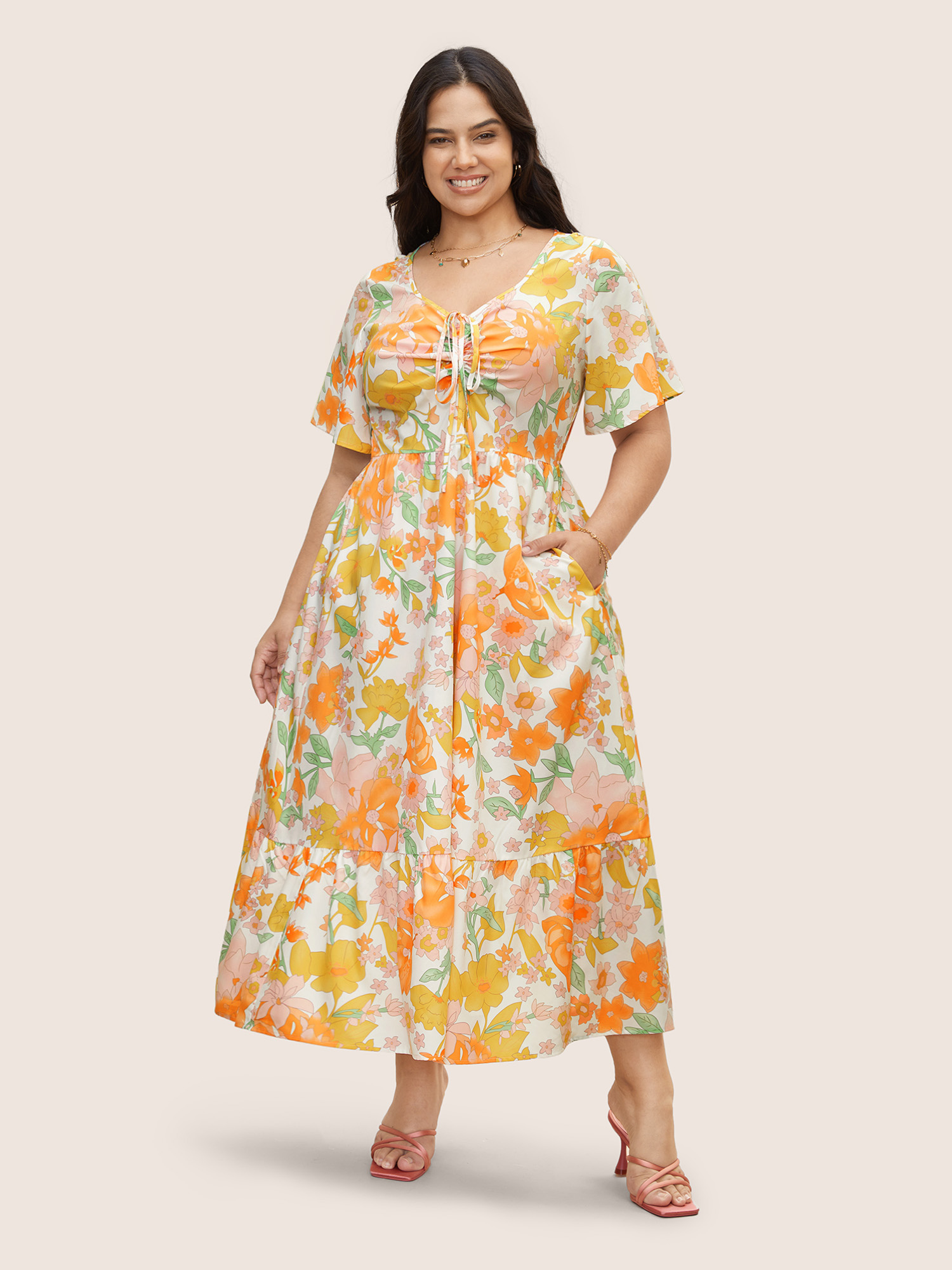 

Plus Size V Neck Floral Drawstring Maxi Dress Multicolor Women Elegant Drawstring V-neck Short sleeve Curvy BloomChic