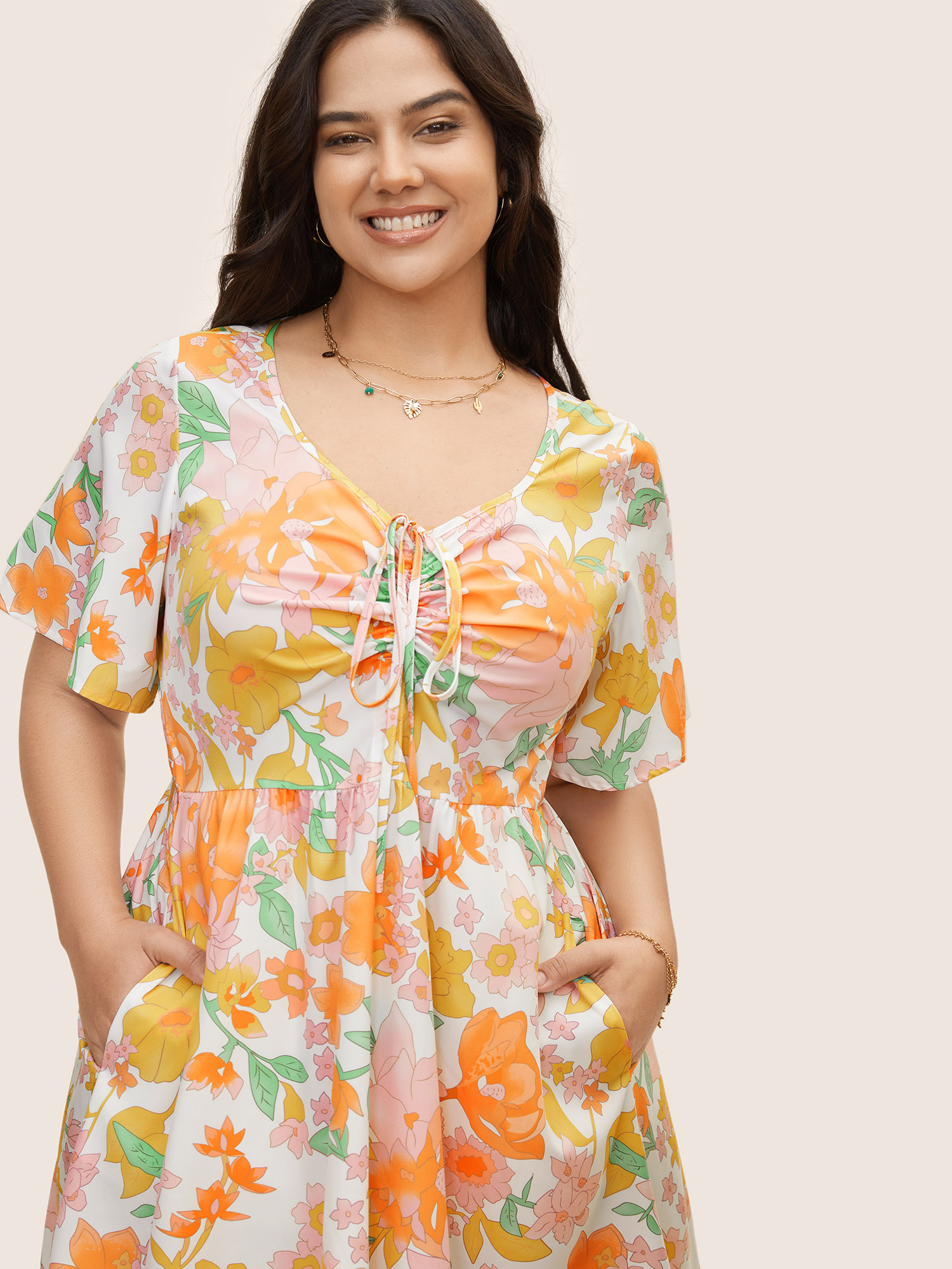 Plus Size V Neck Floral Drawstring Maxi Dress Multicolor Women Drawstring V-neck Short sleeve Curvy BloomChic 28/5X 