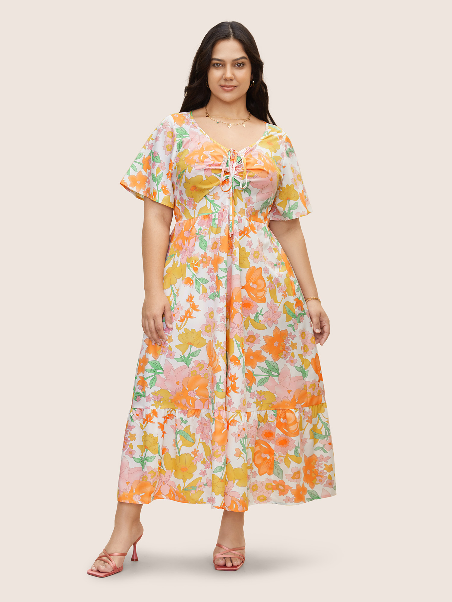 

Plus Size V Neck Floral Drawstring Maxi Dress Multicolor Women Elegant Drawstring V-neck Short sleeve Curvy BloomChic