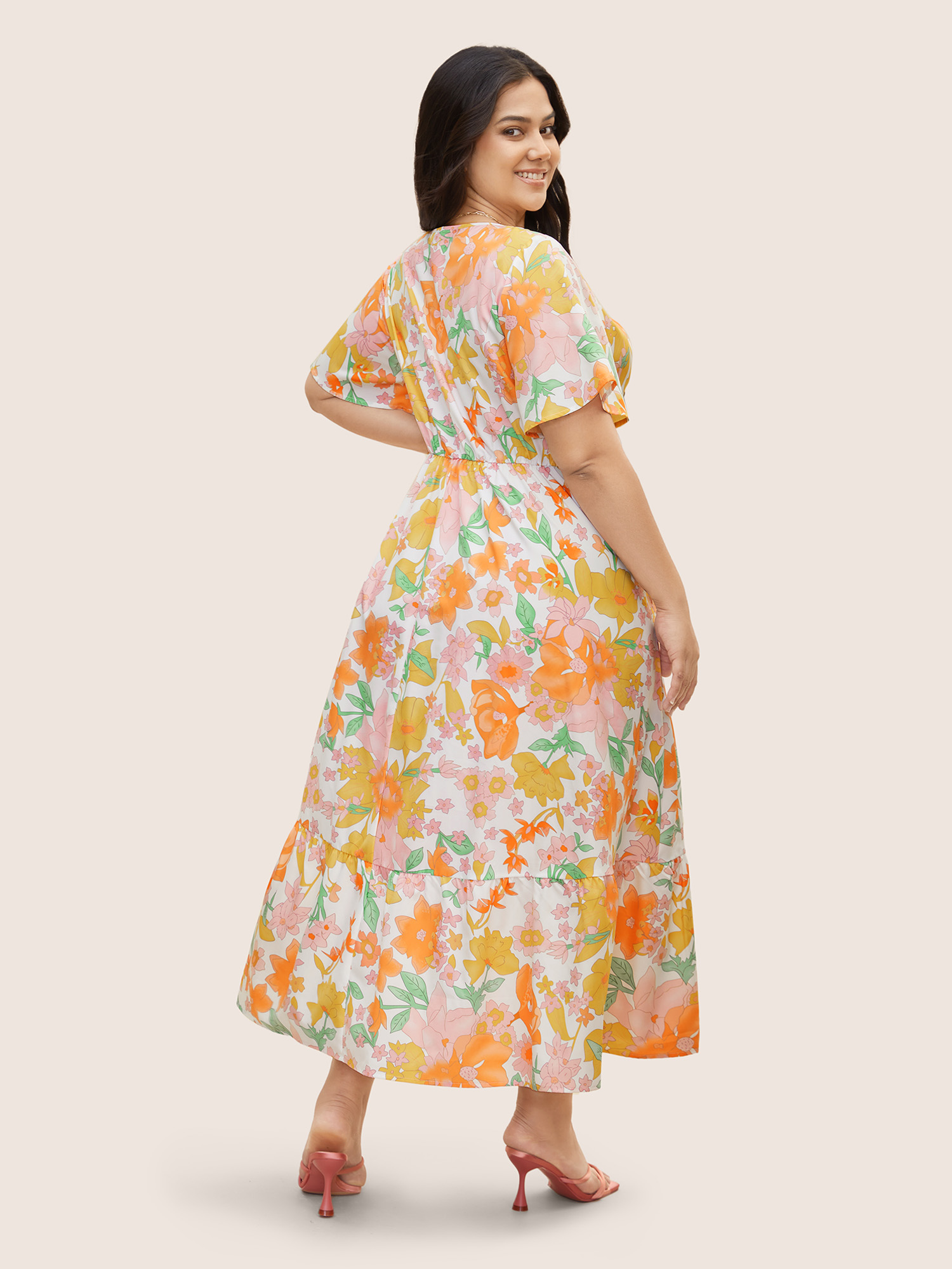 Plus Size V Neck Floral Drawstring Maxi Dress Multicolor Women Drawstring V-neck Short sleeve Curvy BloomChic 28/5X 