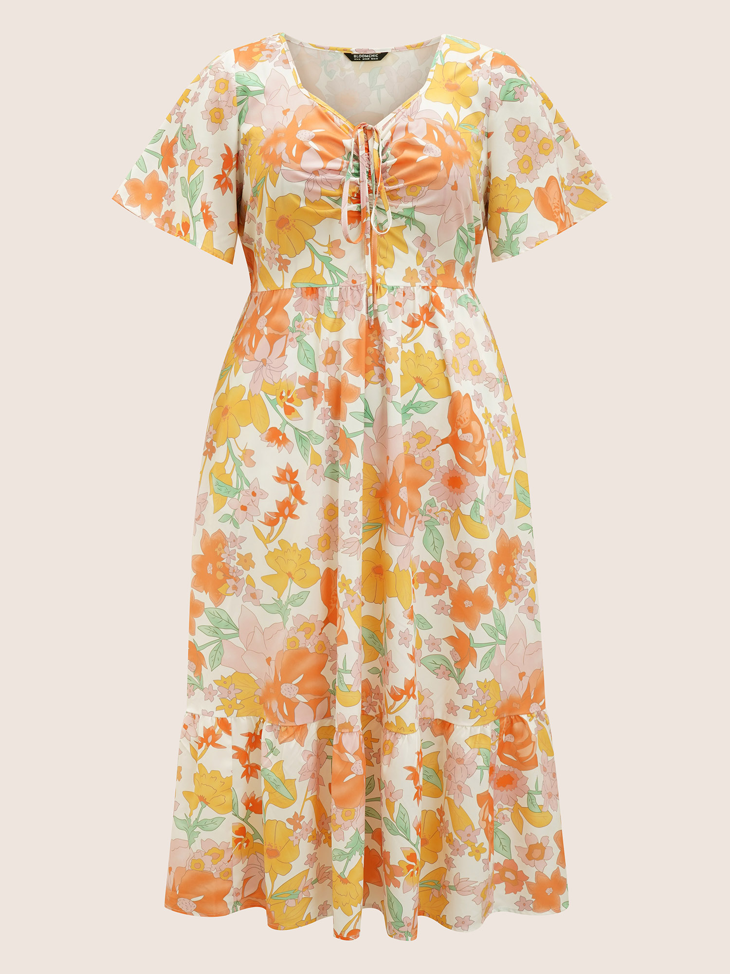 Plus Size V Neck Floral Drawstring Maxi Dress Multicolor Women Drawstring V-neck Short sleeve Curvy BloomChic 28/5X 