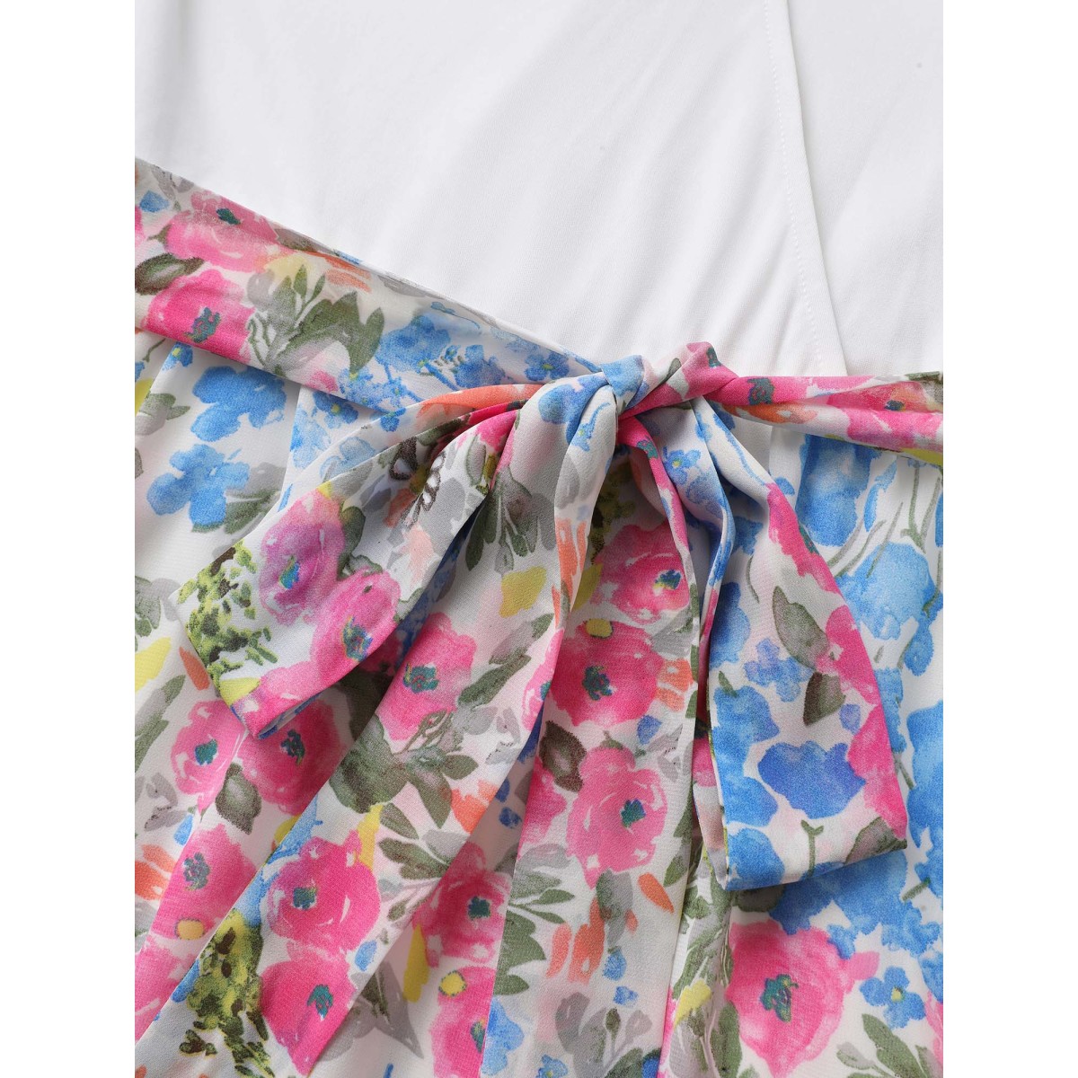 

Plus Size Overlap Collar Patchwork Floral Midi Dress Ivory Women Belted Overlap Collar Short sleeve Curvy BloomChic