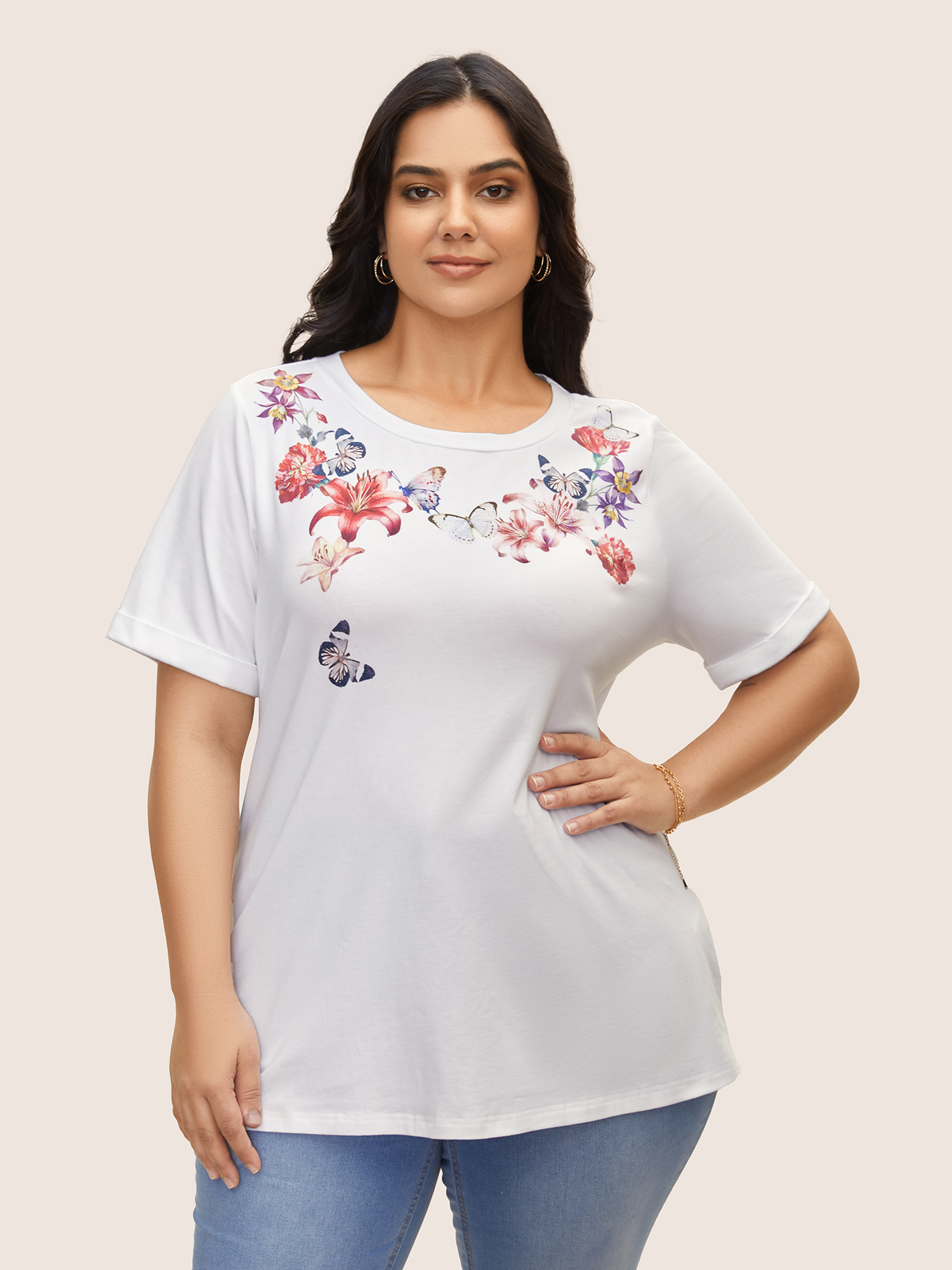 Plus Size Cotton Natural Flowers Print Round Neck T-shirt Originalwhite Women Elegant Contrast Natural Flowers Round Neck Everyday T-shirts BloomChic 28/5X 