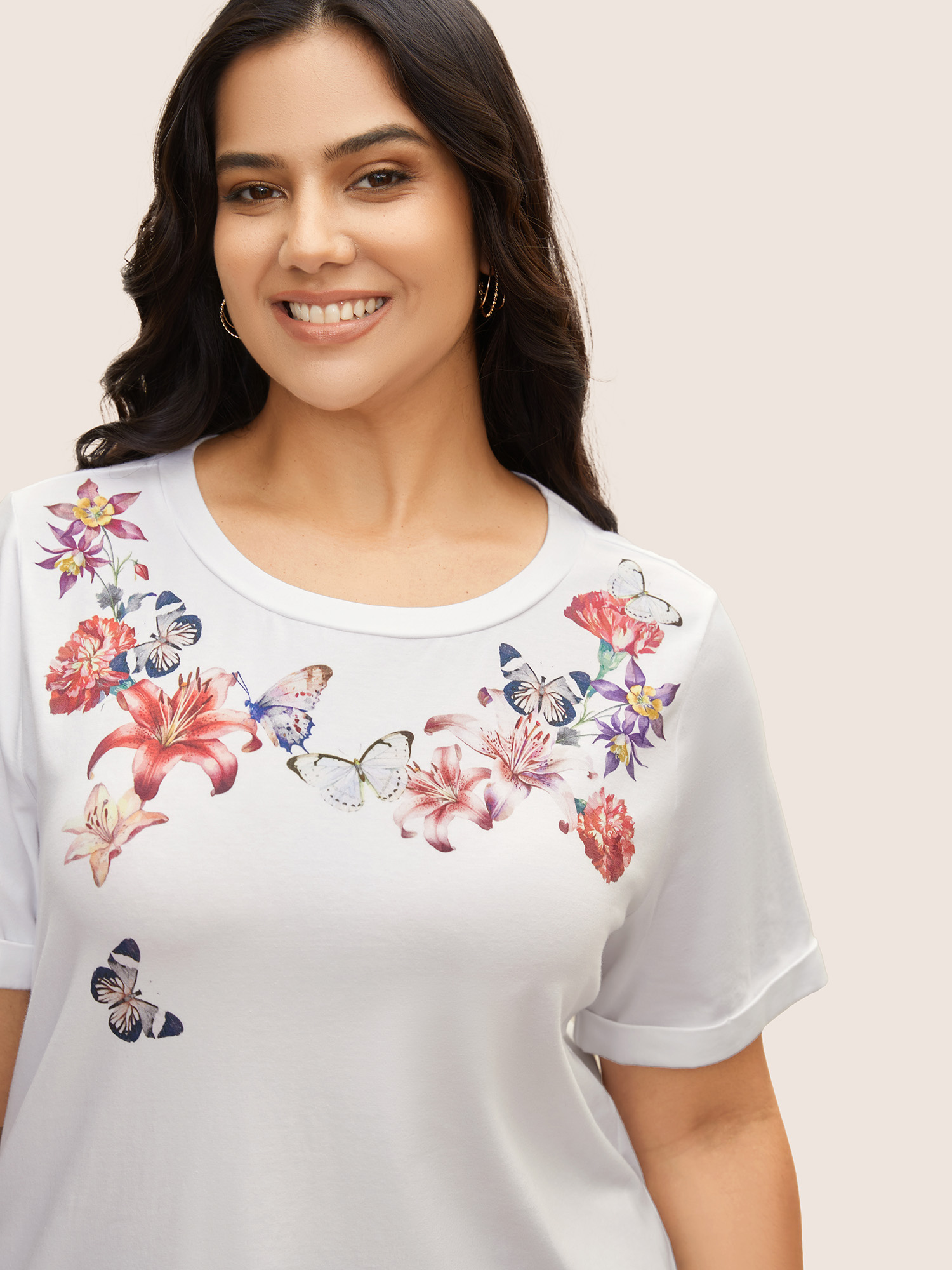 

Plus Size Cotton Natural Flowers Print Round Neck T-shirt Originalwhite Women Elegant Contrast Natural Flowers Round Neck Everyday T-shirts BloomChic