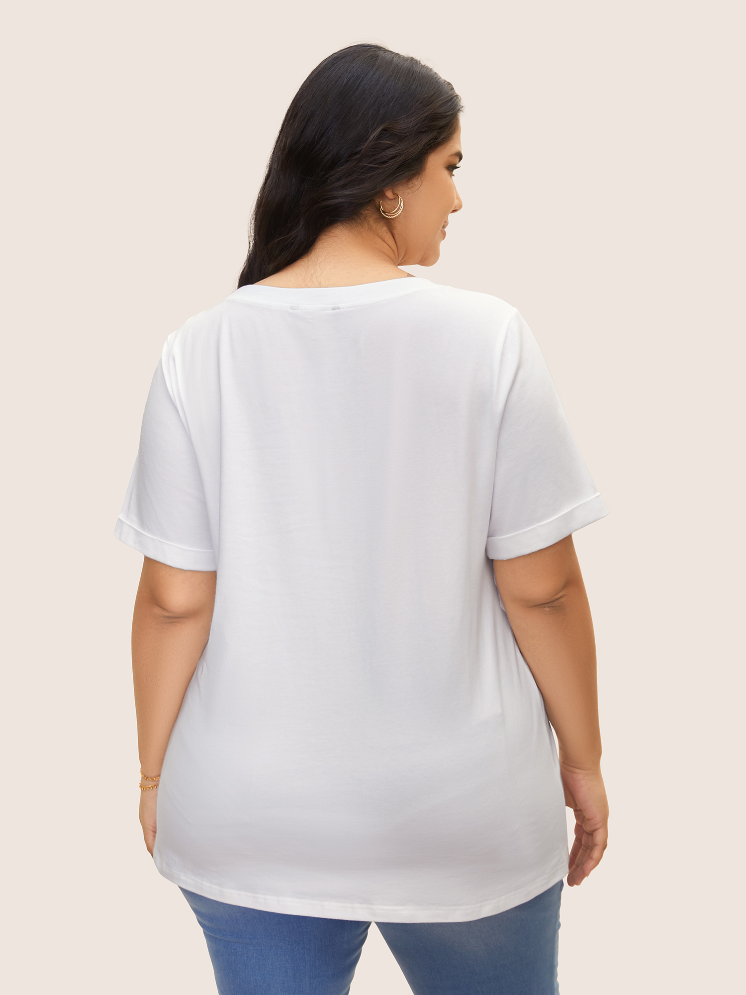 Plus Size Cotton Natural Flowers Print Round Neck T-shirt Originalwhite Women Elegant Contrast Natural Flowers Round Neck Everyday T-shirts BloomChic 28/5X 