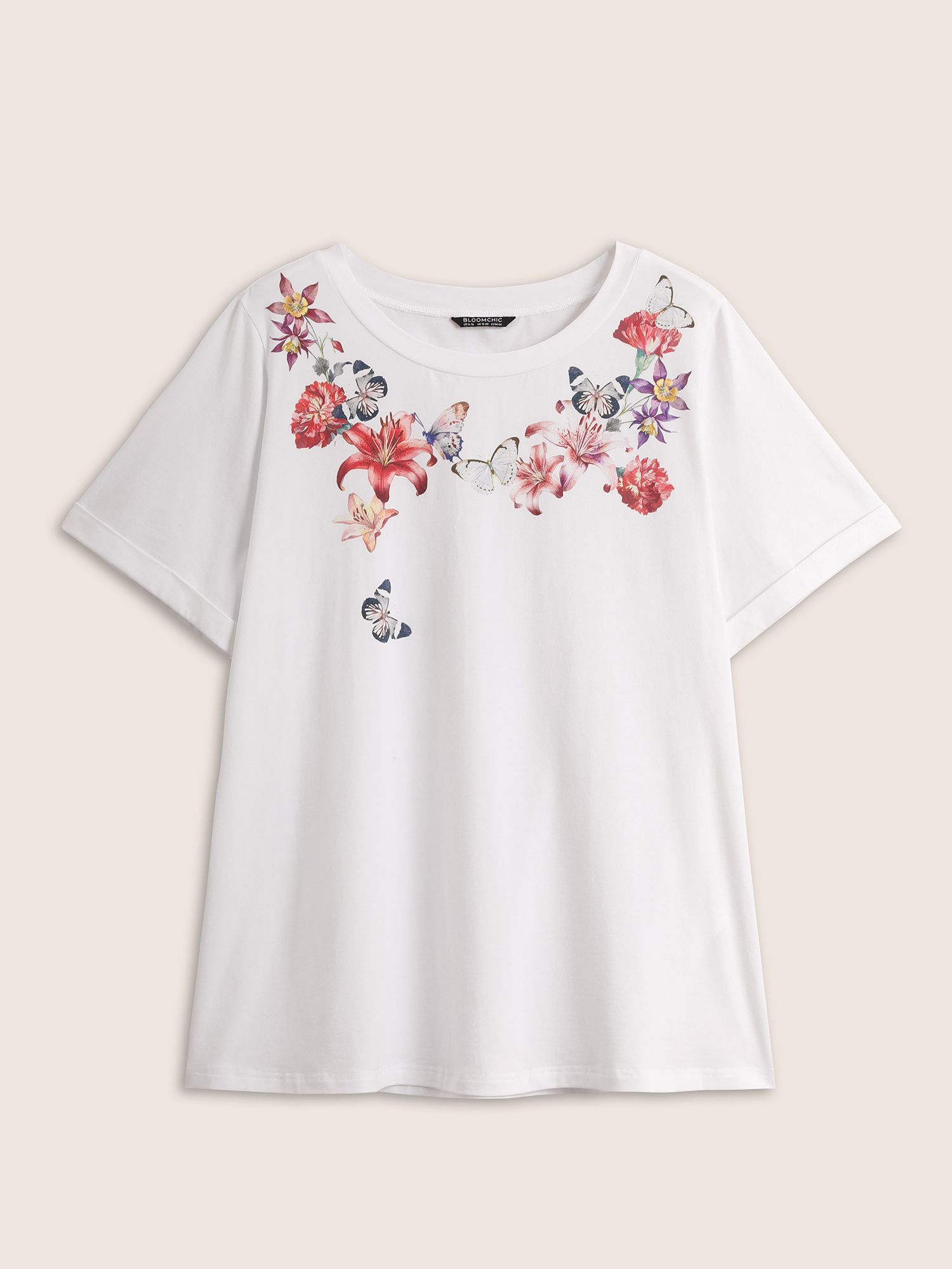 Plus Size Cotton Natural Flowers Print Round Neck T-shirt Originalwhite Women Elegant Contrast Natural Flowers Round Neck Everyday T-shirts BloomChic 28/5X 