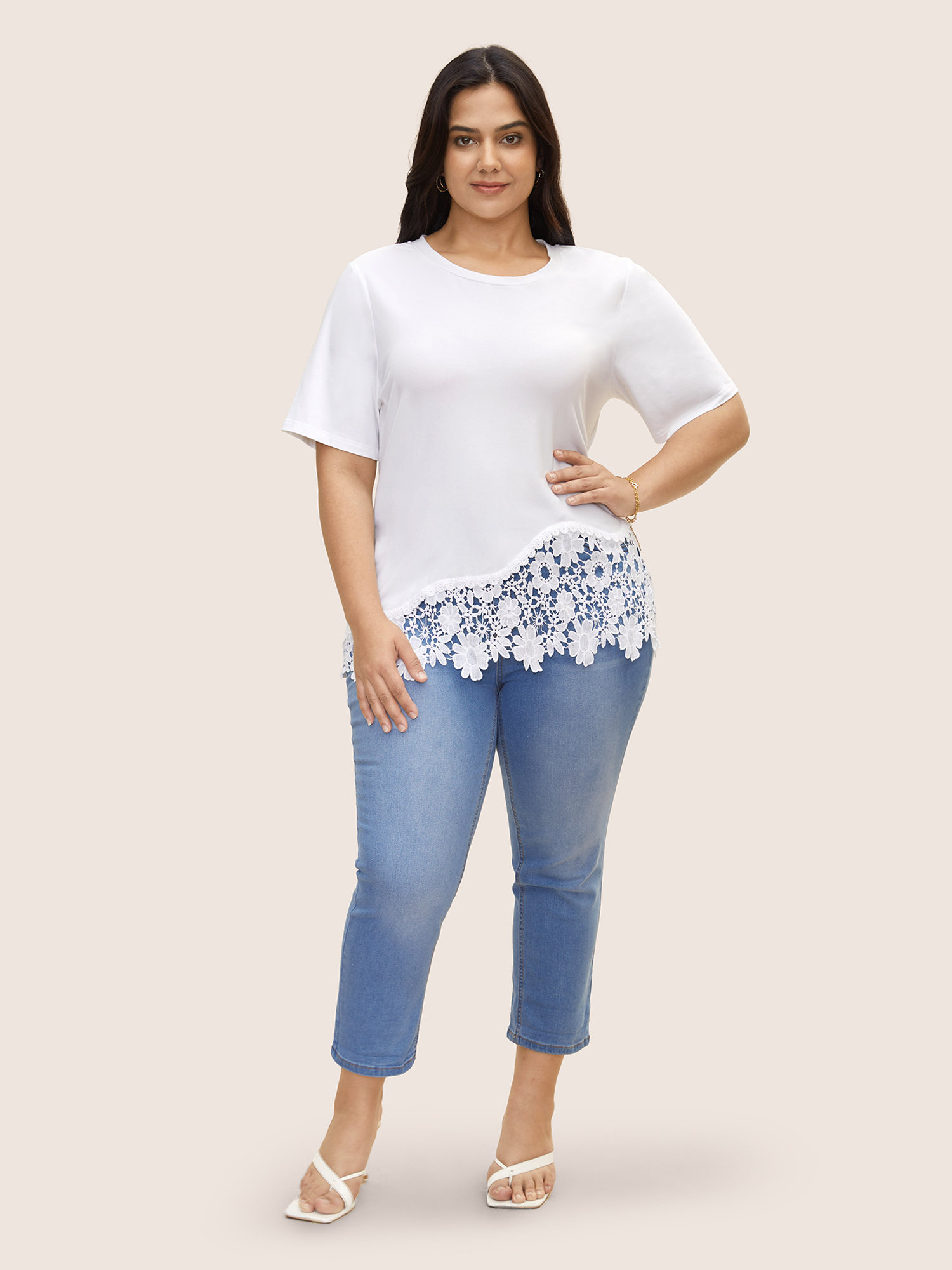 Plus Size Crew Neck Flower Lace Patchwork T-shirt WhiteSmoke Women Elegant Patchwork Round Neck Everyday T-shirts BloomChic 12/L 