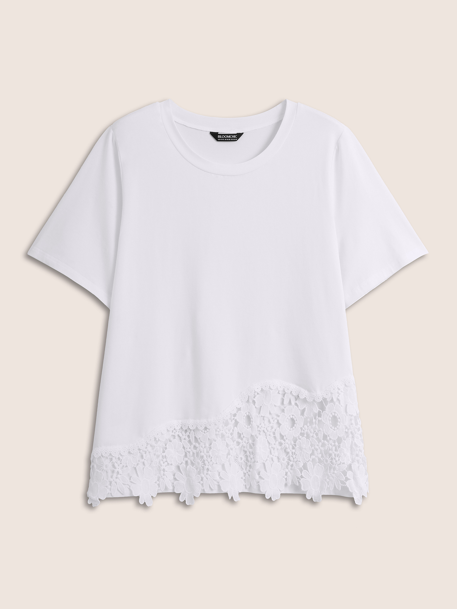 Plus Size Crew Neck Flower Lace Patchwork T-shirt WhiteSmoke Women Elegant Patchwork Round Neck Everyday T-shirts BloomChic 12/L 