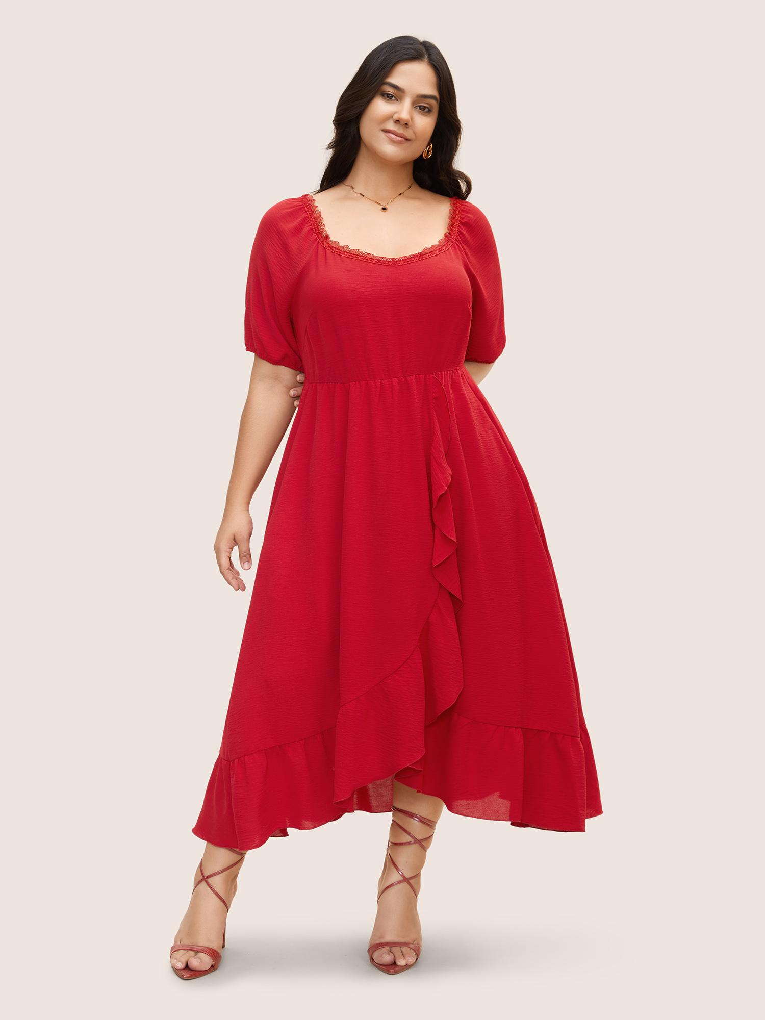 

Plus Size Lace Panel Ruffle Trim Wrap Hem Dress Brightred Women Elegant Woven ribbon&lace trim Round Neck Short sleeve Curvy BloomChic