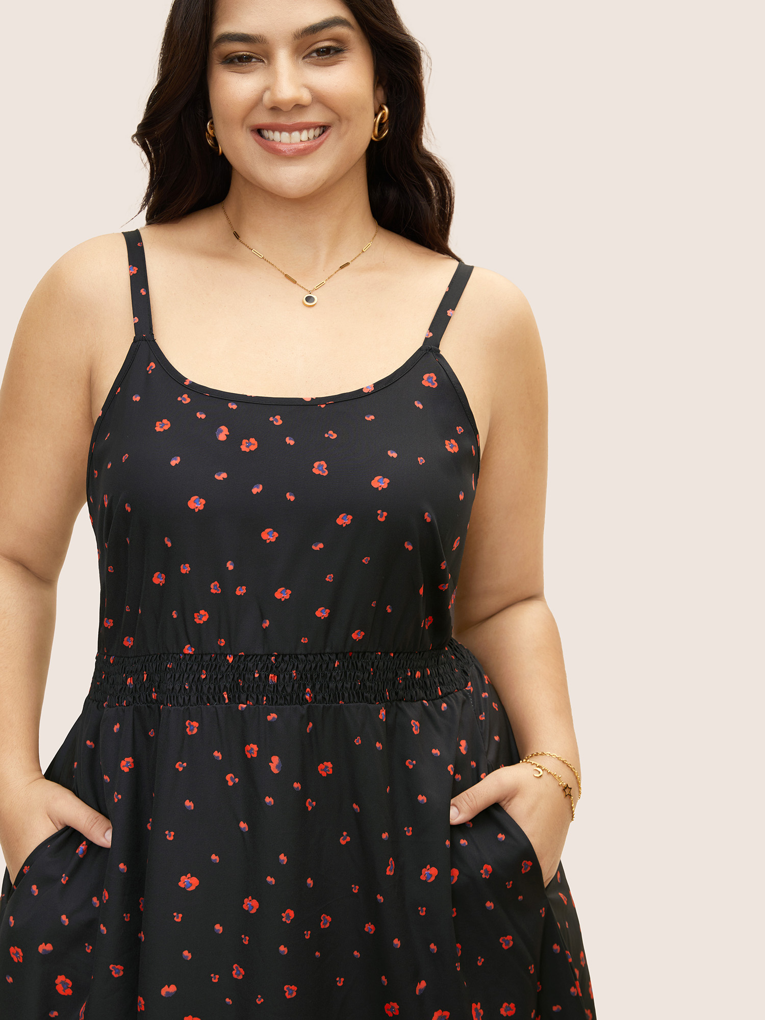 Plus Size Boho Print Elastic Waist Cami Midi Dress Black Women Non U-neck Sleeveless Curvy BloomChic 10/M 
