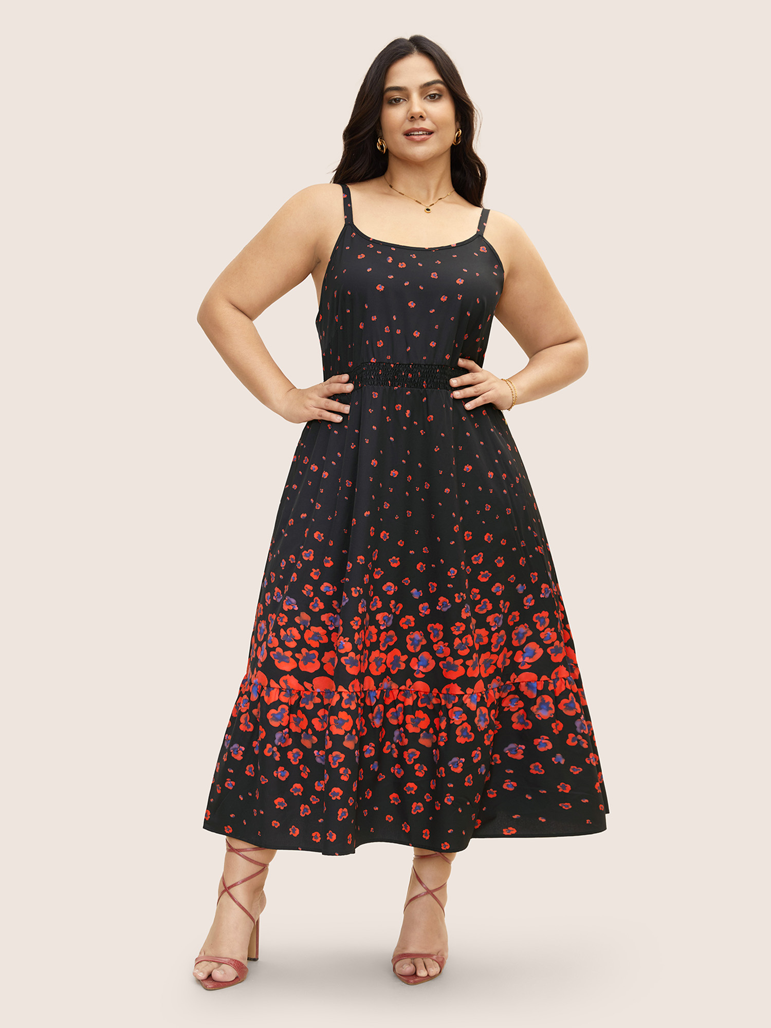 Plus Size Boho Print Elastic Waist Cami Midi Dress Black Women Non U-neck Sleeveless Curvy BloomChic 10/M 