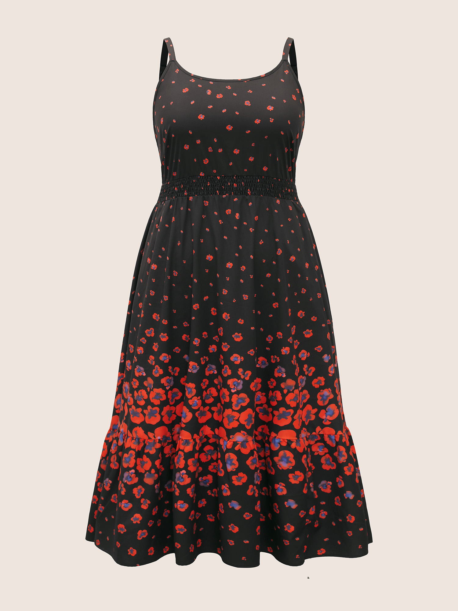Plus Size Boho Print Elastic Waist Cami Midi Dress Black Women Non U-neck Sleeveless Curvy BloomChic 10/M 