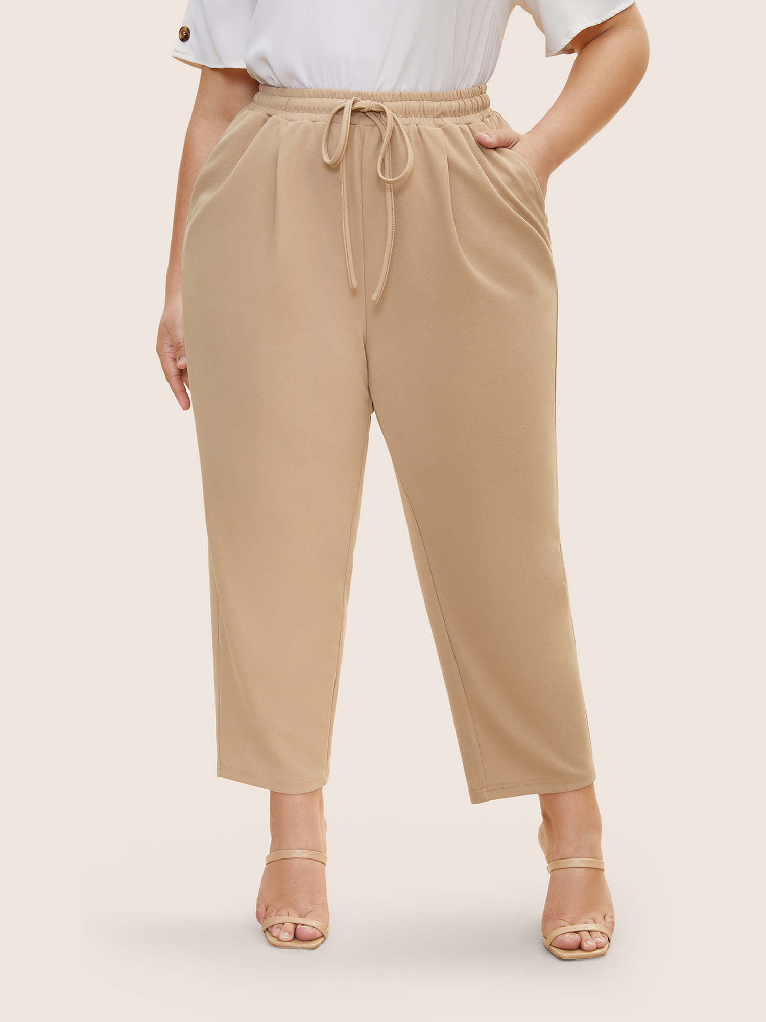 

Plus Size Solid Drawstring Elastic Waist Pencil Pants Women Champagne Work From Home Mid Rise Work Pants BloomChic