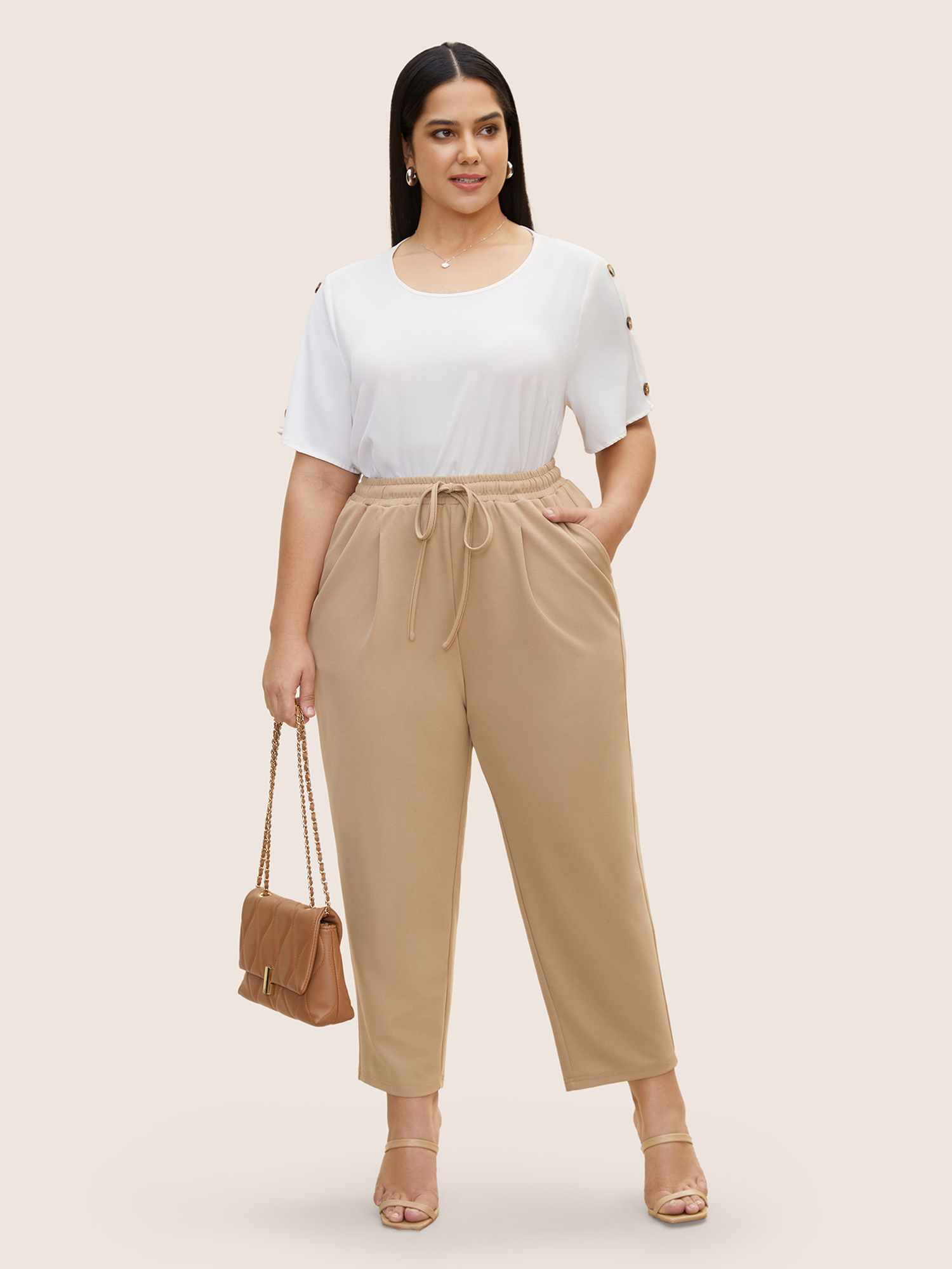 

Plus Size Solid Drawstring Elastic Waist Pencil Pants Women Champagne Work From Home Mid Rise Work Pants BloomChic