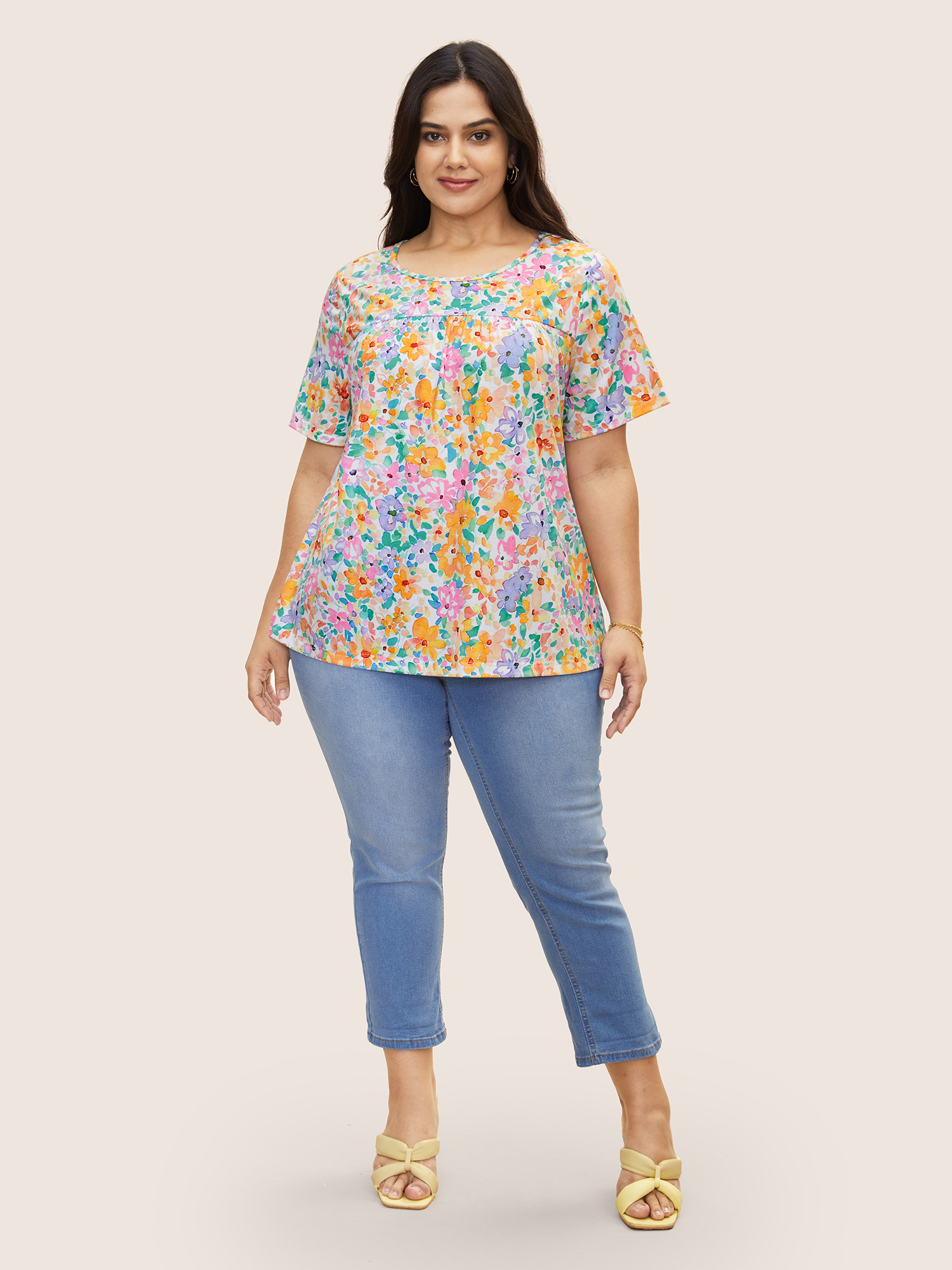Plus Size Crew Neck Colored Floral Gathered T-shirt Multicolor Women Elegant Contrast Natural Flowers Round Neck Everyday T-shirts BloomChic 12/L 