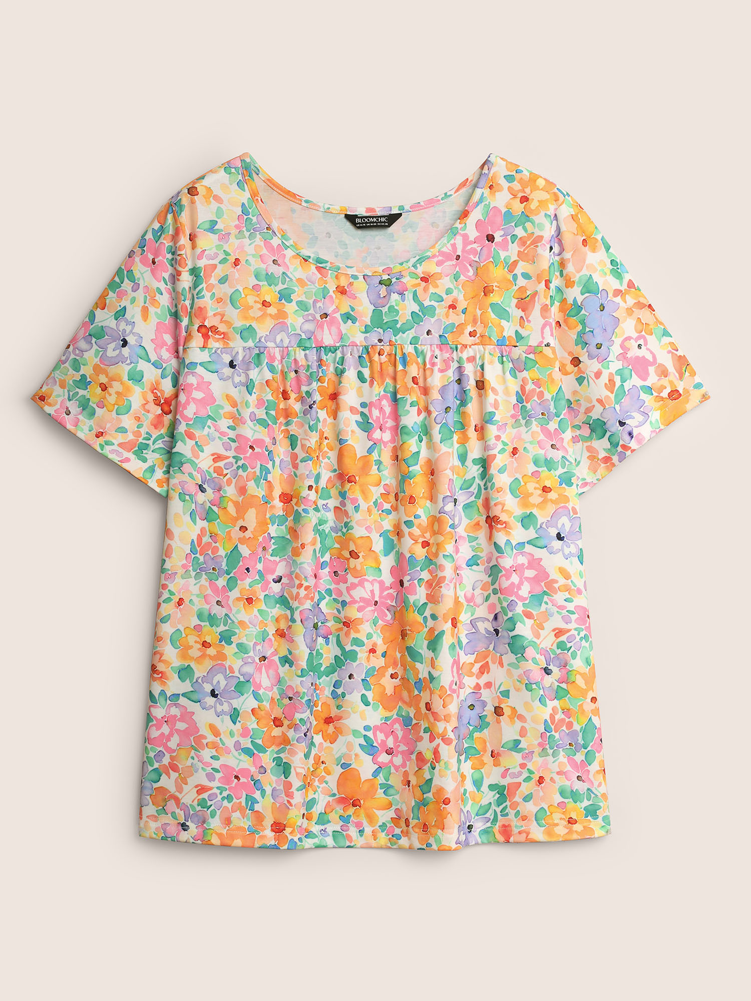 Plus Size Crew Neck Colored Floral Gathered T-shirt Multicolor Women Elegant Contrast Natural Flowers Round Neck Everyday T-shirts BloomChic 12/L 