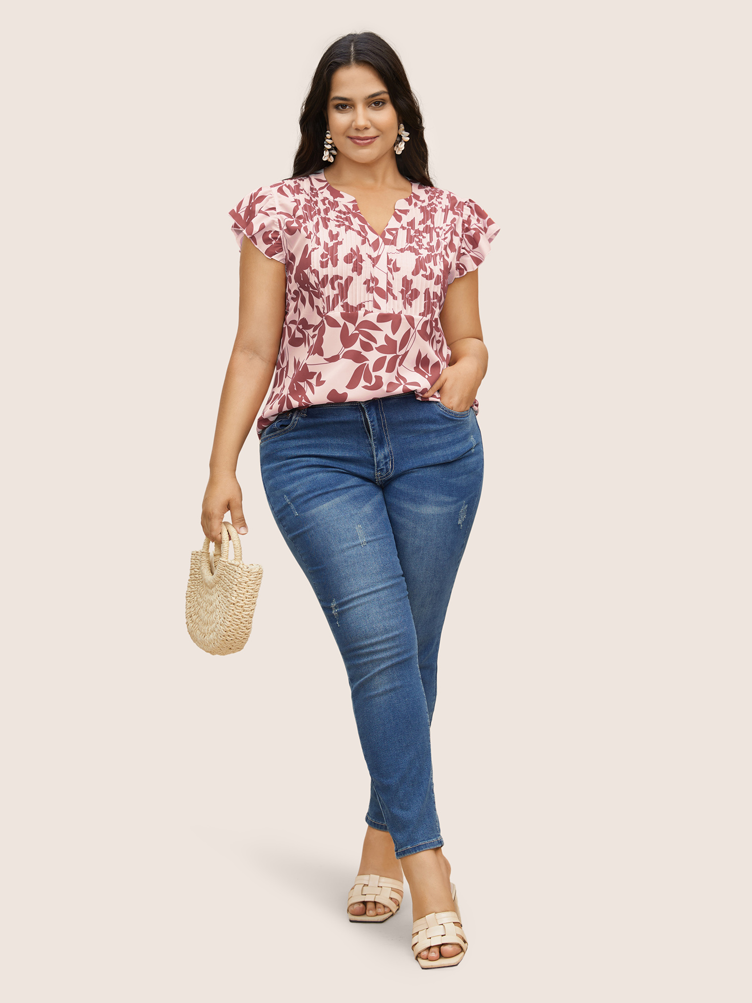 Plus Size Dirtypink Silhouette Floral Print Notched Collar Pleated Blouse Women Resort Cap Sleeve Notched collar Vacation Blouses BloomChic 30/6X 