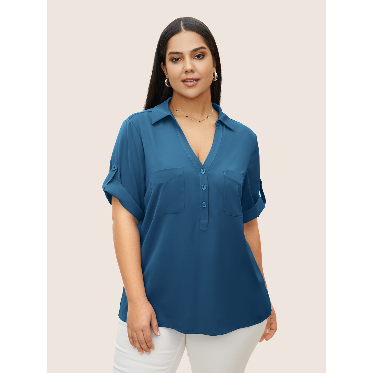 

Plus Size Cerulean Anti-Wrinkle Shirt Collar Patched Pocket Tab Sleeve Blouse Women Work From Home Elbow-length sleeve Shirt collar Work Blouses BloomChic