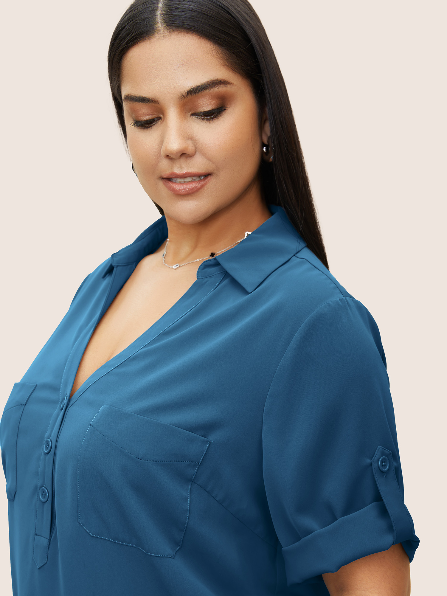 

Plus Size Cerulean Shirt Collar Patched Pocket Tab Sleeve Blouse Women Work From Home Elbow-length sleeve Shirt collar Work Blouses BloomChic