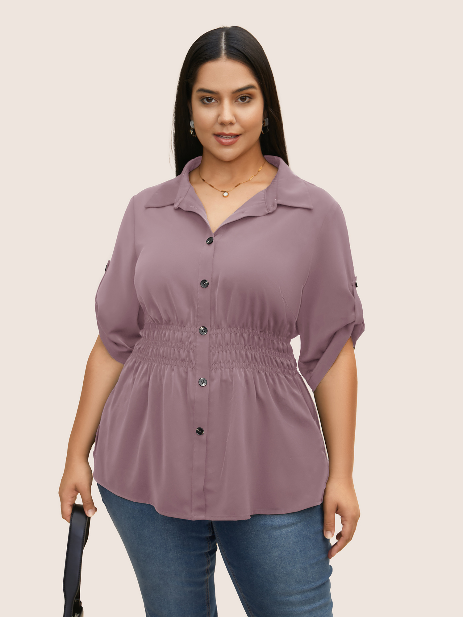 

Plus Size Mauve Anti-Wrinkle Shirt Collar Button Cuff Sleeve Blouse Women Work From Home Half Sleeve Shirt collar Work Blouses BloomChic