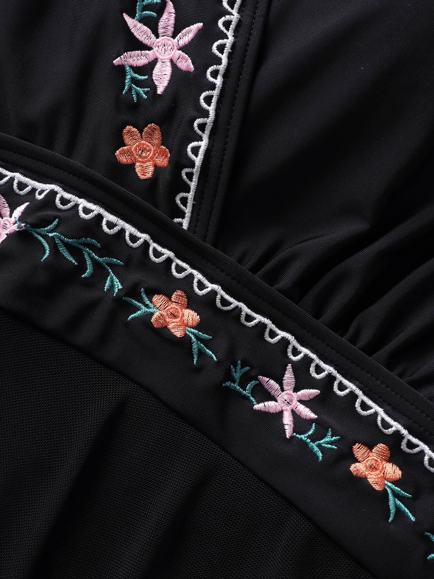 Plus Size Floral Embroidered Overlap Collar Swim Dress Women`s Swimwear Black Beach Bodycon Overlap Collar High stretch Curve Swim Dresses BloomChic 18-20/2X 