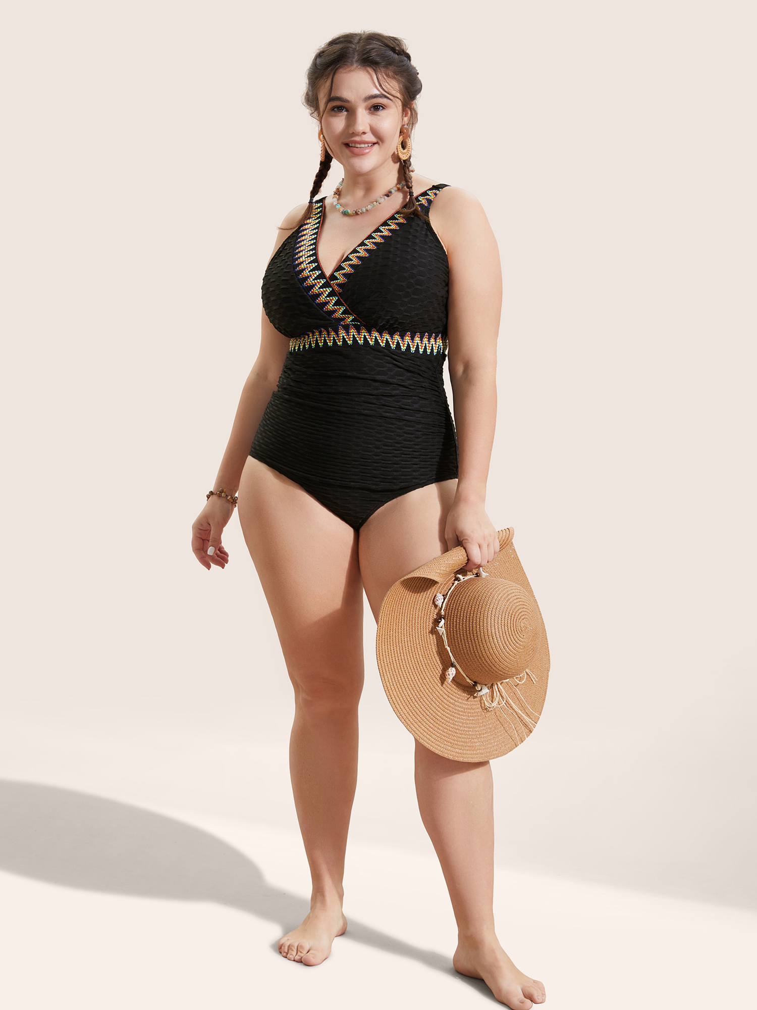 Plus Size Contrast Webbing Wrap One Piece Swimsuit Women`s Swimwear Black Beach Woven ribbon&lace trim Curve Bathing Suits High stretch One Pieces BloomChic 18-20/2X 