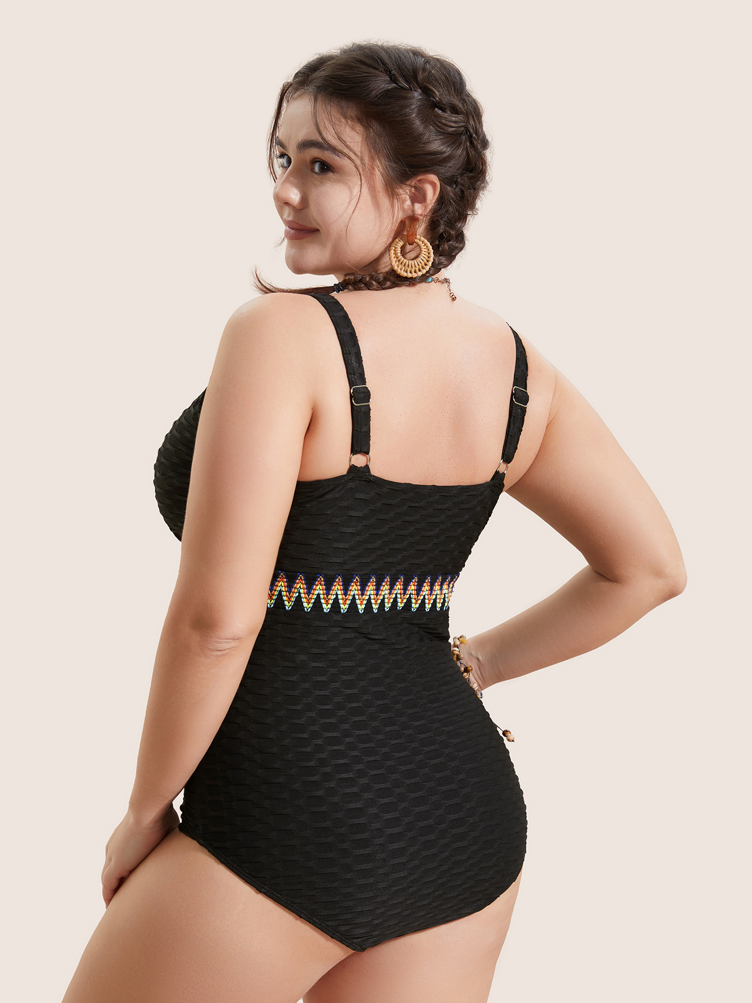 Plus Size Contrast Webbing Wrap One Piece Swimsuit Women`s Swimwear Black Beach Woven ribbon&lace trim Curve Bathing Suits High stretch One Pieces BloomChic 18-20/2X 
