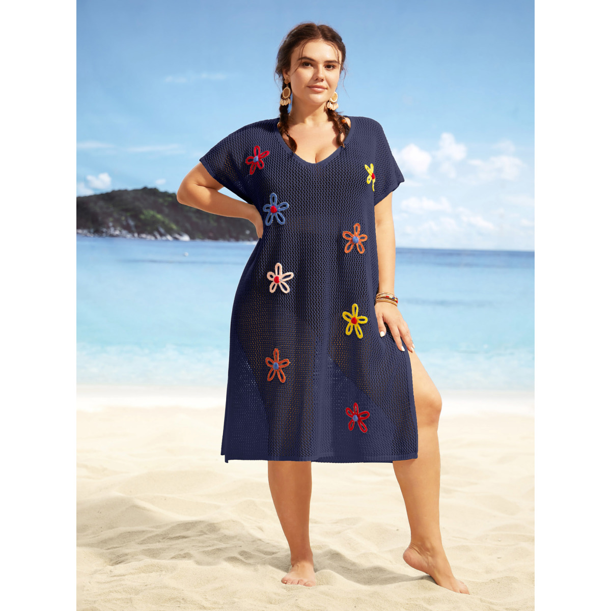 

Plus Size Stereo Flower Design Slit Hem Swim Cover Up Women's Swimwear Indigo Beach Loose Crochet Curve Swim Cover Ups BloomChic