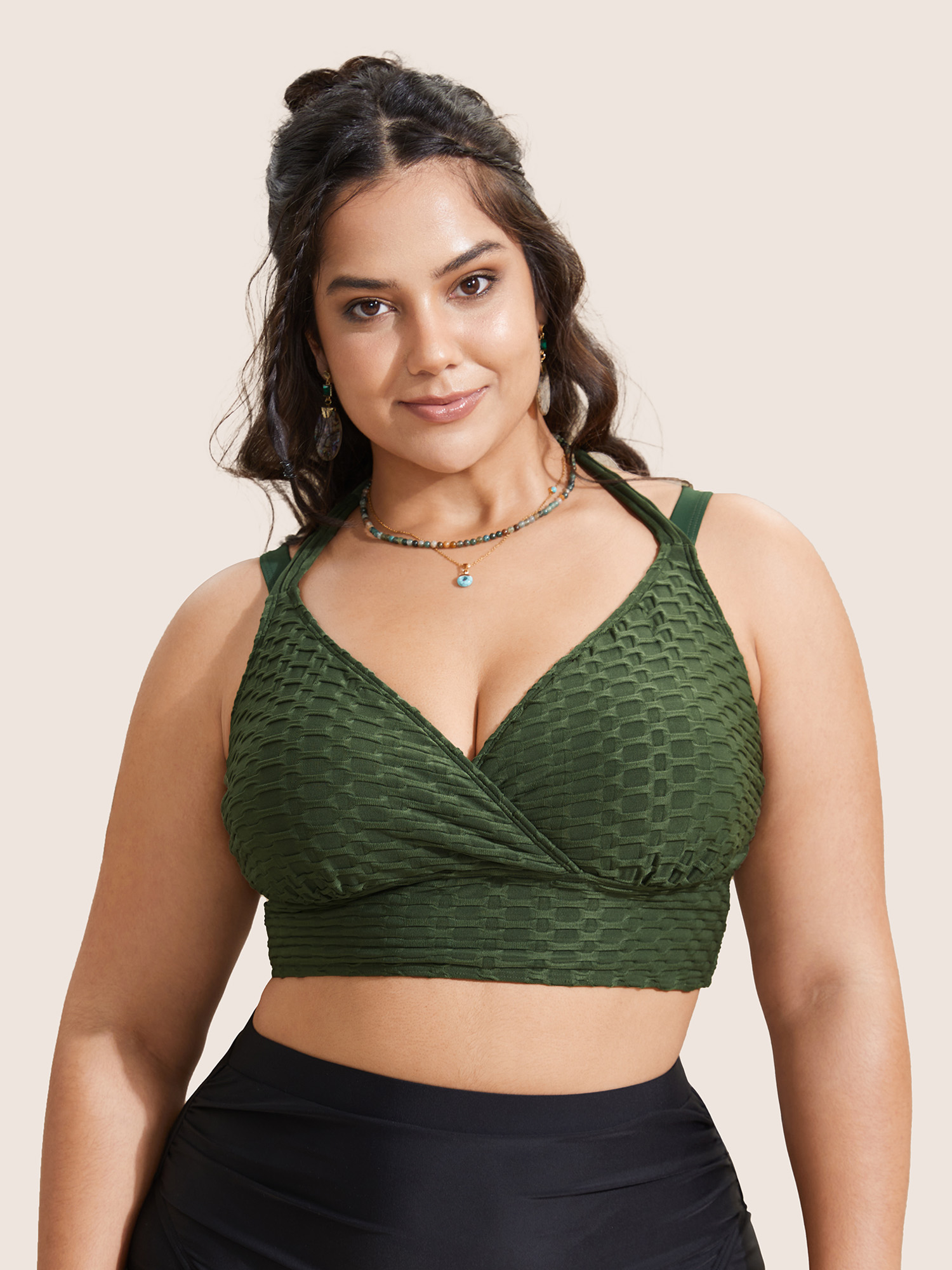 Plus Size Plain Textured Wrap Tie Knot Swim Top Women`s Swimwear ArmyGreen Beach Tie knot High stretch Skinny Overlap Collar Curve Swim Tops BloomChic 18-20/2X 