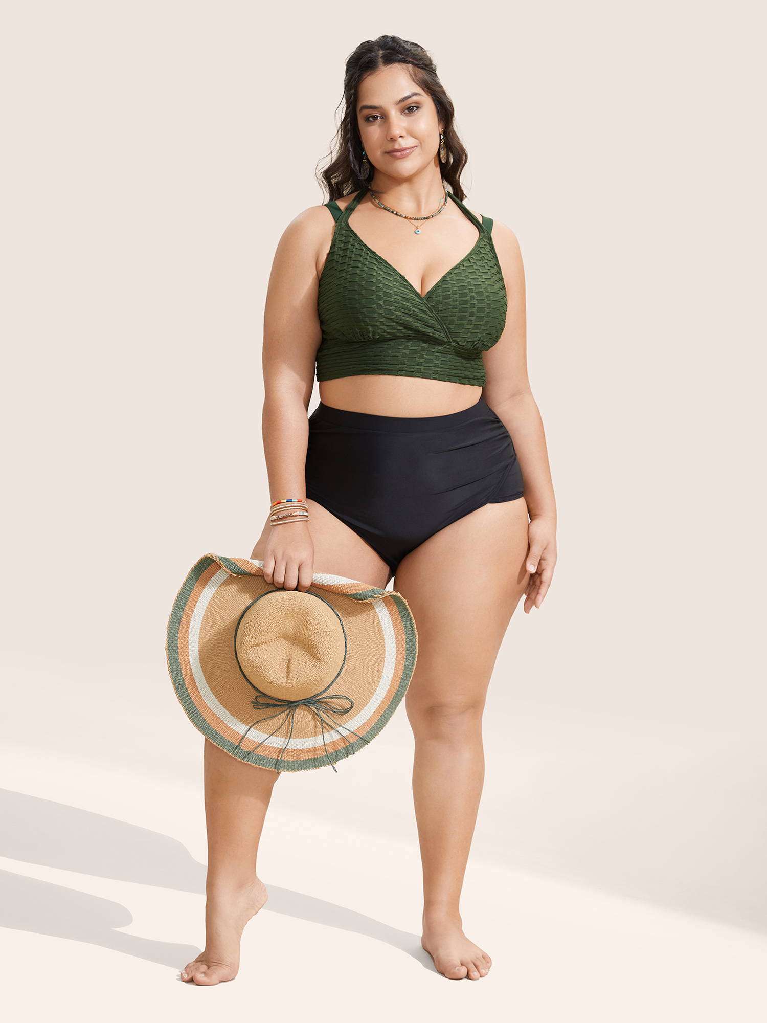 Plus Size Plain Textured Wrap Tie Knot Swim Top Women`s Swimwear ArmyGreen Beach Tie knot High stretch Skinny Overlap Collar Curve Swim Tops BloomChic 18-20/2X 