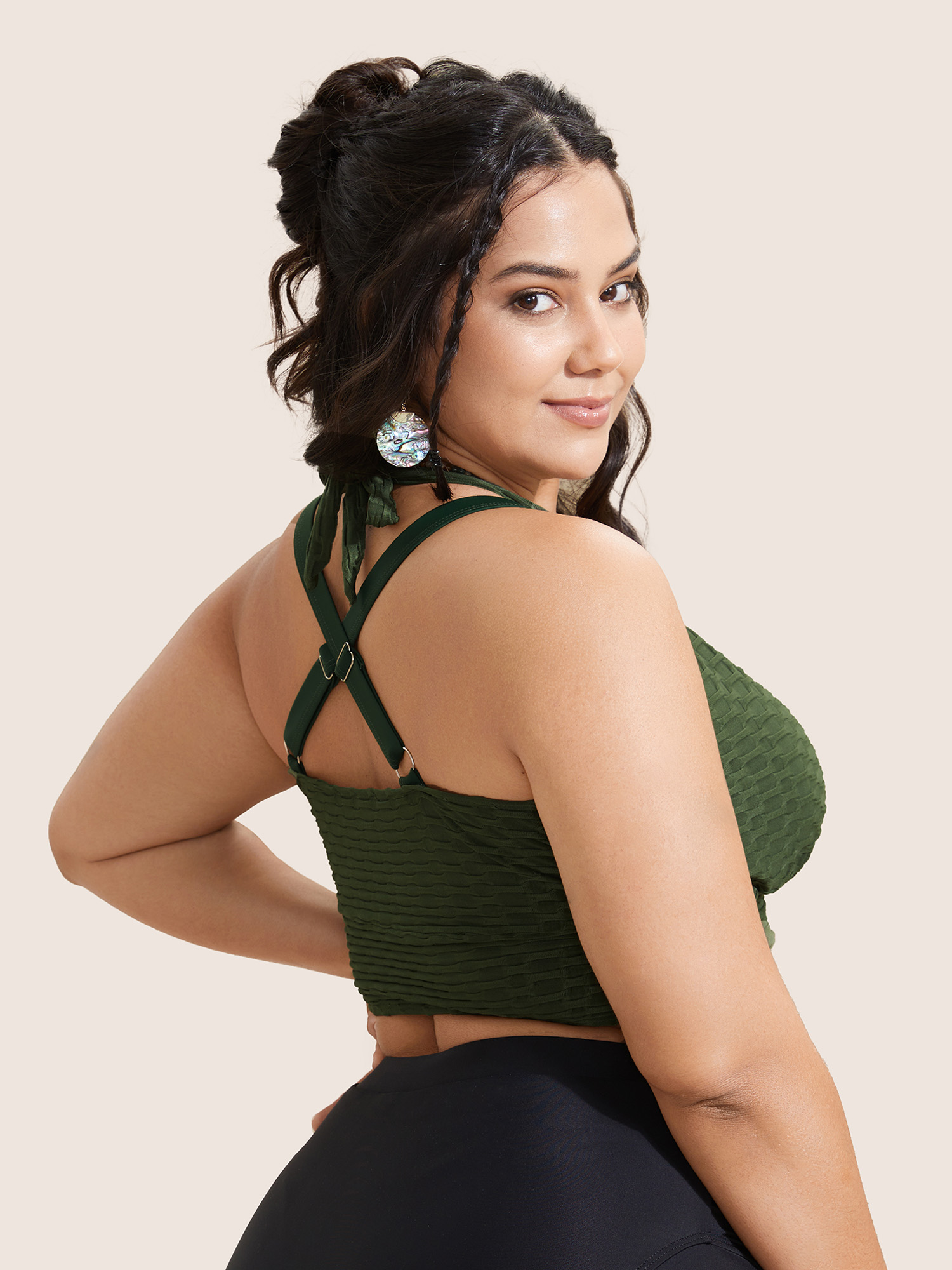 Plus Size Plain Textured Wrap Tie Knot Swim Top Women`s Swimwear ArmyGreen Beach Tie knot High stretch Skinny Overlap Collar Curve Swim Tops BloomChic 18-20/2X 