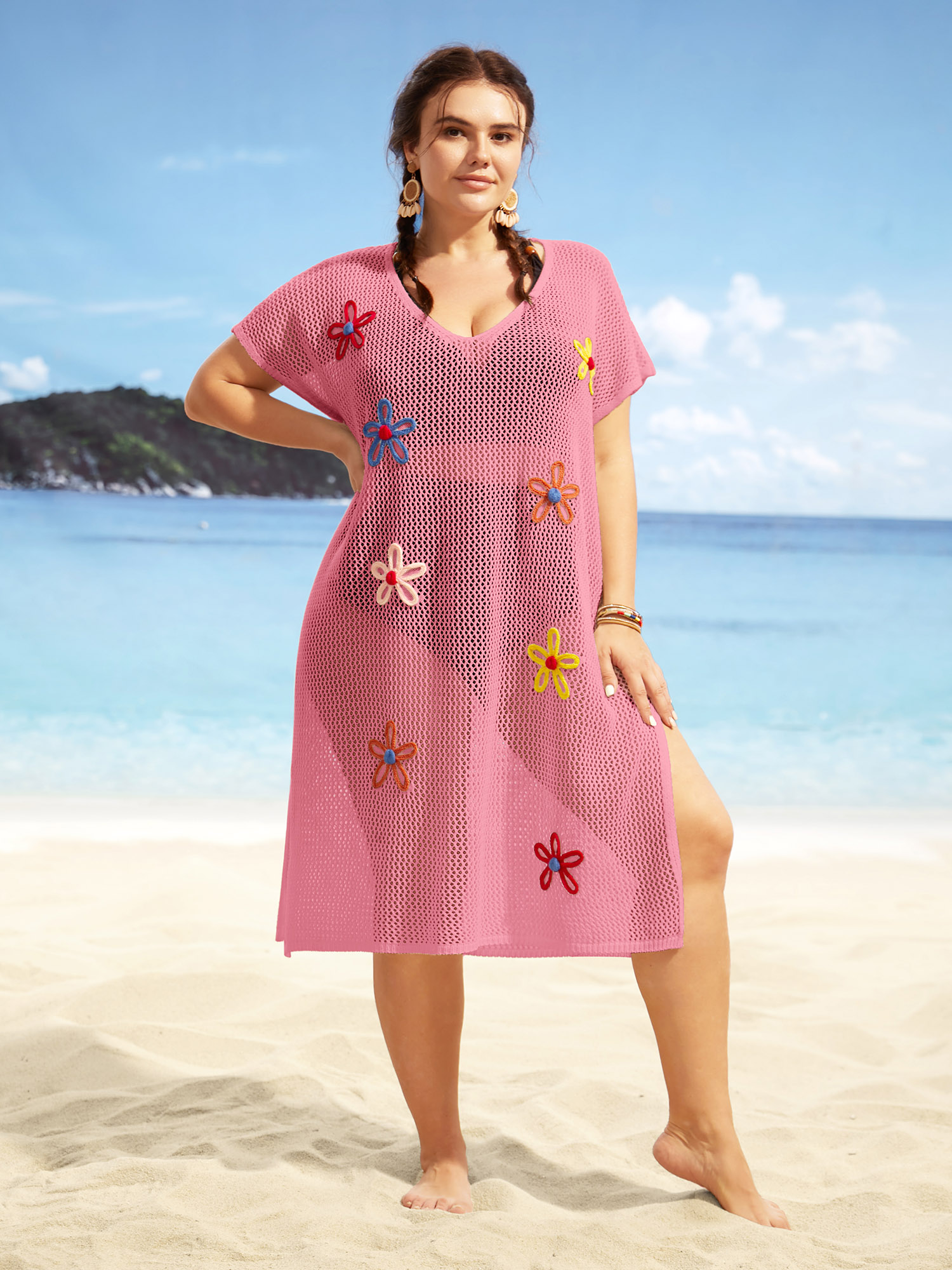 

Plus Size Stereo Flower Design Slit Hem Swim Cover Up Women's Swimwear Watermelon Beach Loose Crochet Curve Swim Cover Ups BloomChic