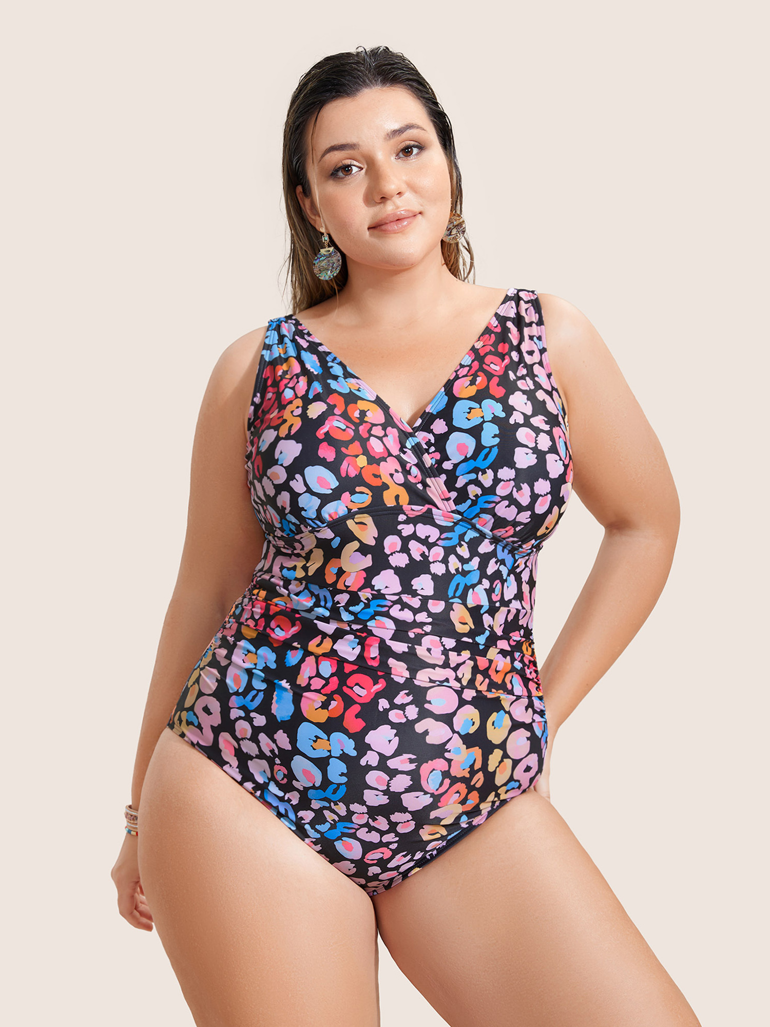 Plus Size Leopard Print Ruched One Piece Swimsuit Women`s Swimwear Multicolor Beach Gathered Curve Bathing Suits High stretch One Pieces BloomChic 30/6X 