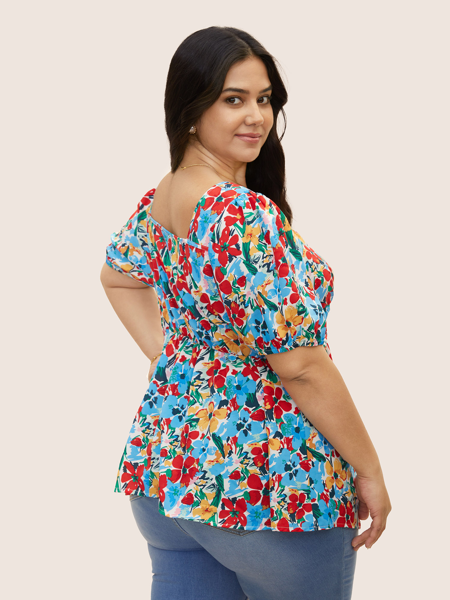 

Plus Size Multicolor Heart Neckline Floral Twist Front Blouse Women Elegant Short sleeve Heart neckline Everyday Blouses BloomChic