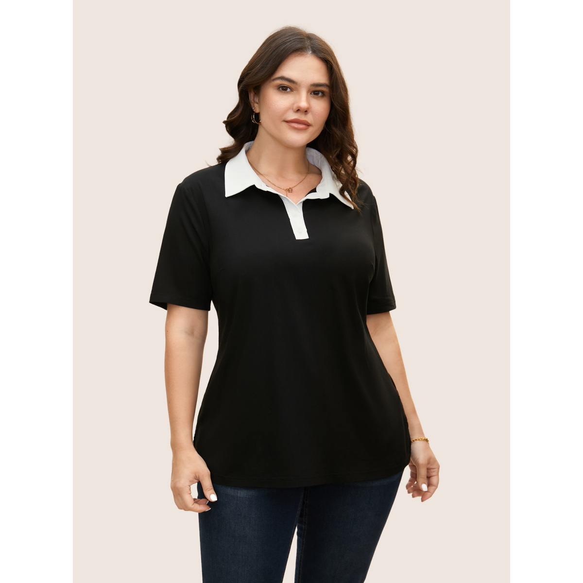 

Plus Size Black Stretchy Woven Shirt Collar Contrast Blouse Women Workwear Essentials Short sleeve Shirt collar Work Blouses BloomChic