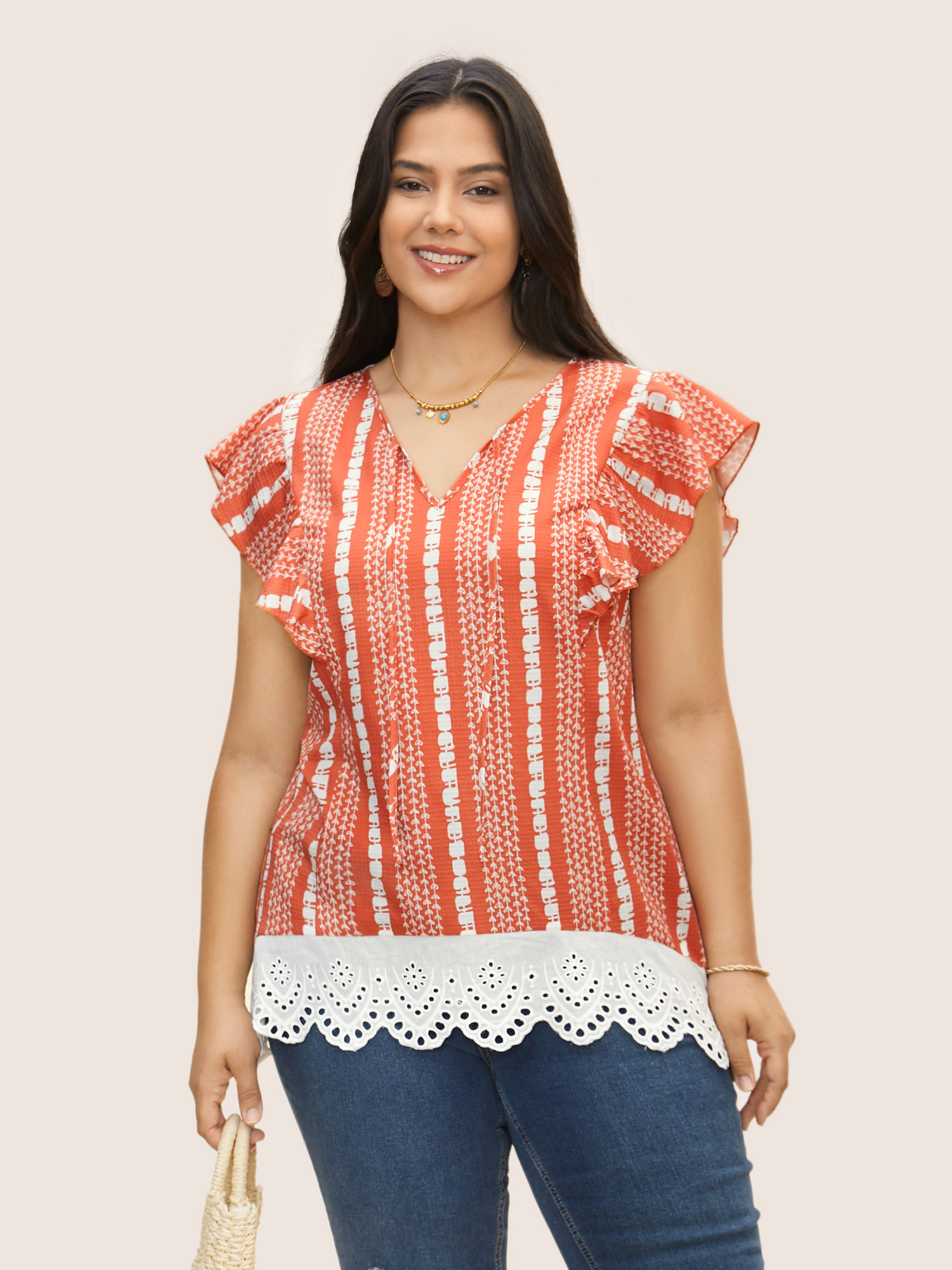 Plus Size Brightorange Boho Print Lace Panel Cap Sleeve Blouse Women Resort Cap Sleeve V-neck Vacation Blouses BloomChic 12/L 